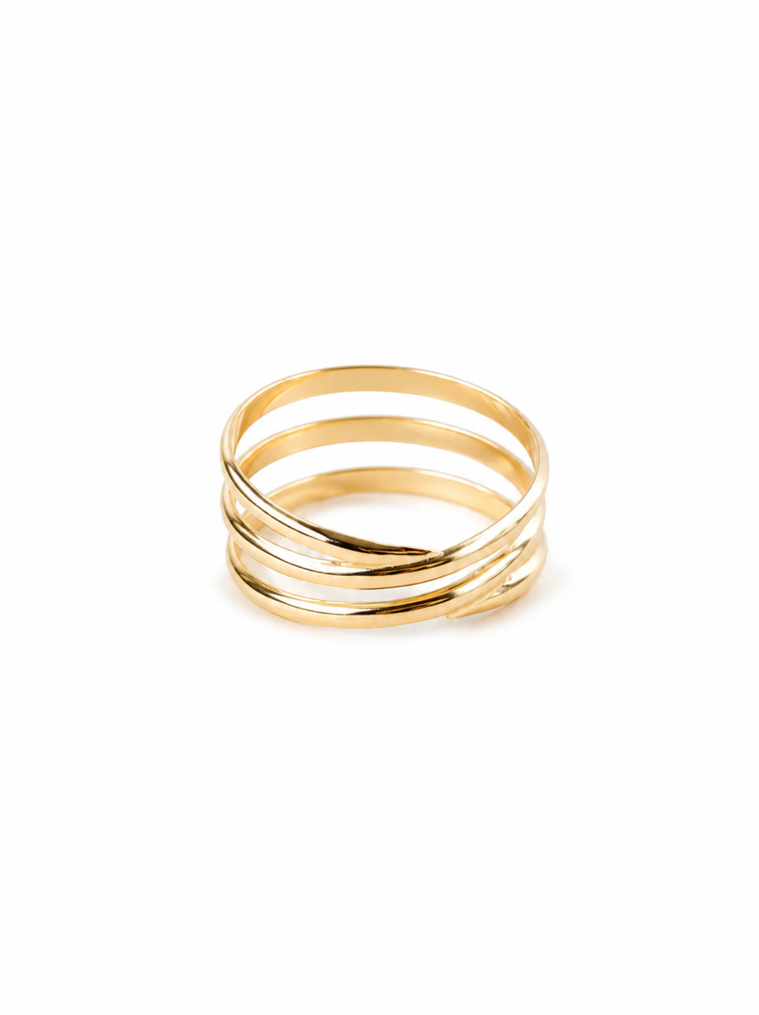 Back of gold three spiral ring on a white background.