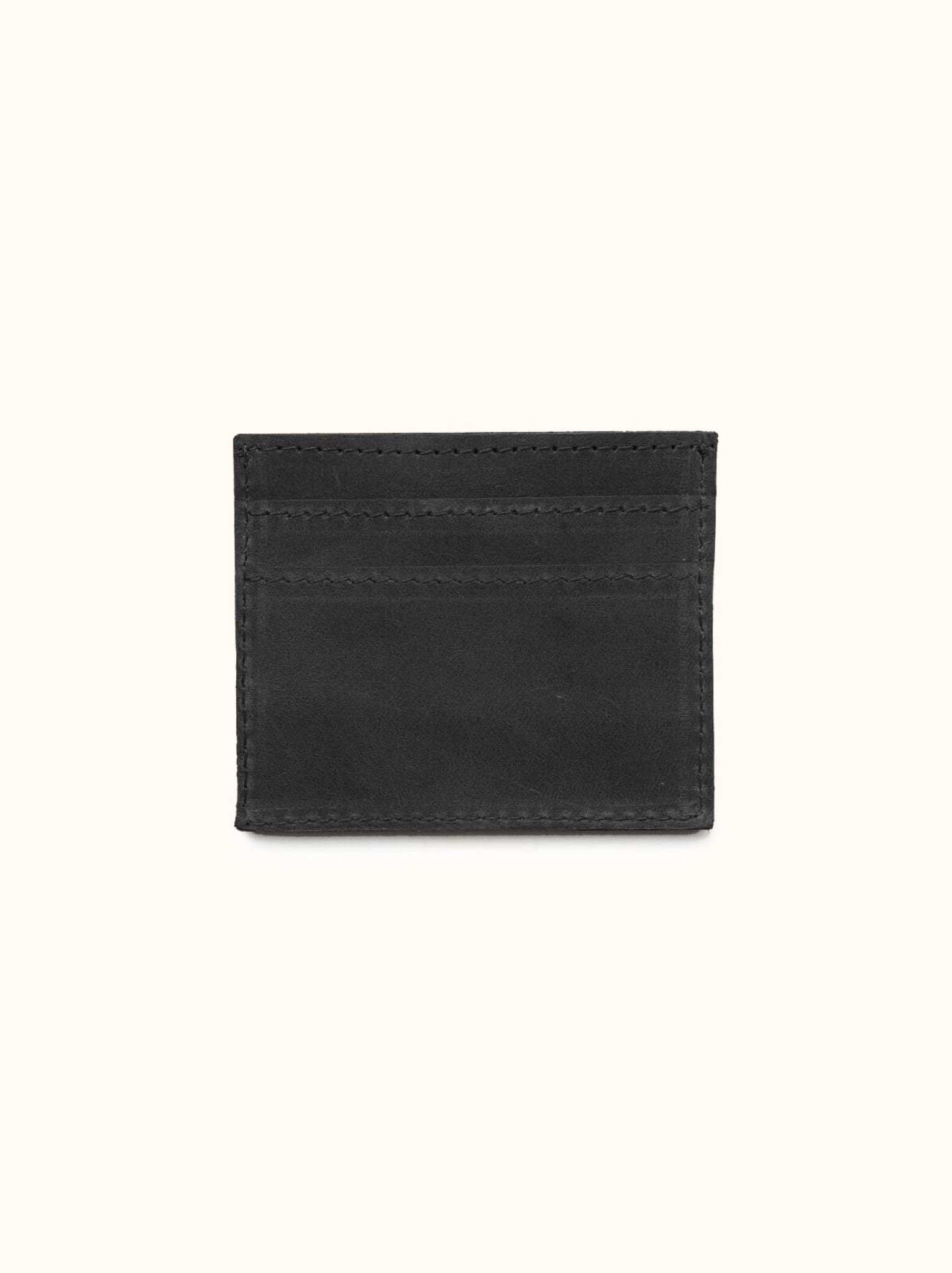 Alem Card Case; A black leather card case with 4 card slots and a central cash compartment, positioned against a white background. #Color_Black