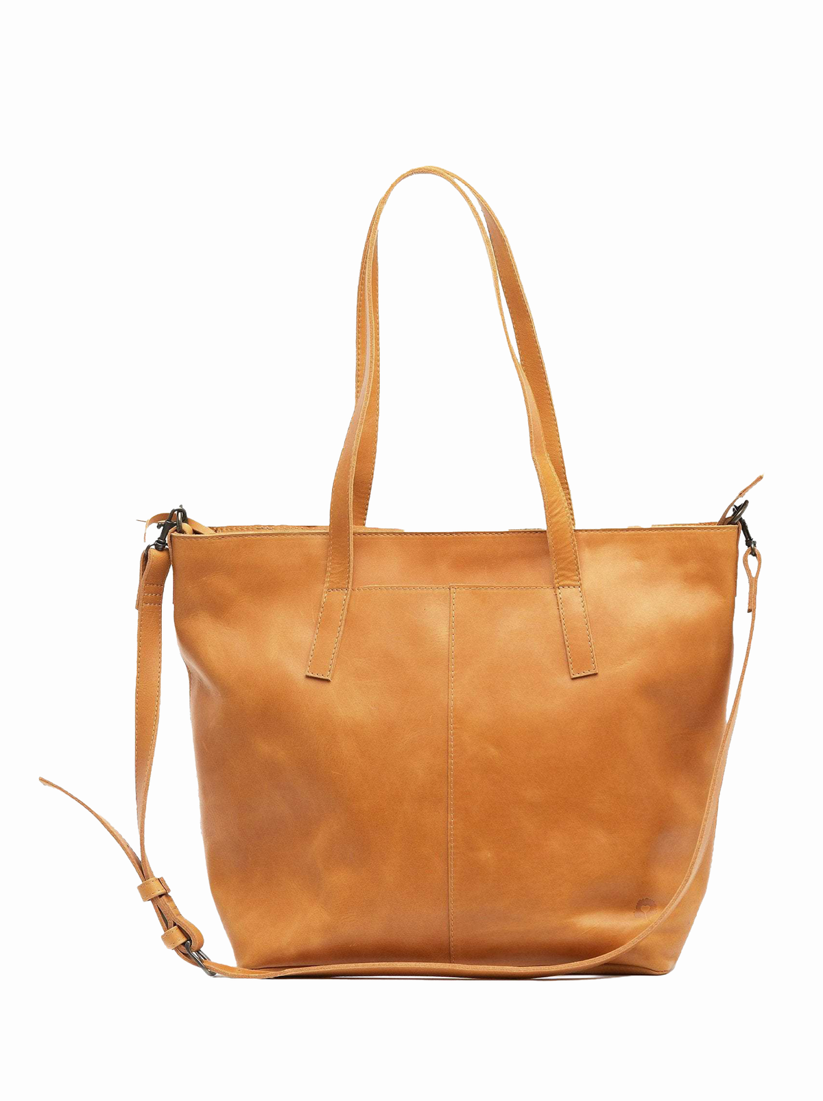A cognac leather tote bag with dual top handles and a detachable crossbody strap, shown against a plain white background. #Color_Cognac