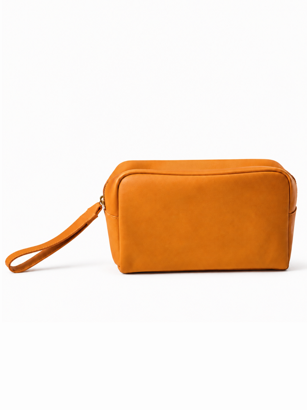 A rectangular cognac leather cosmetic pouch with a wrist strap, shown from a side profile against a plain white background. #Color_Cognac