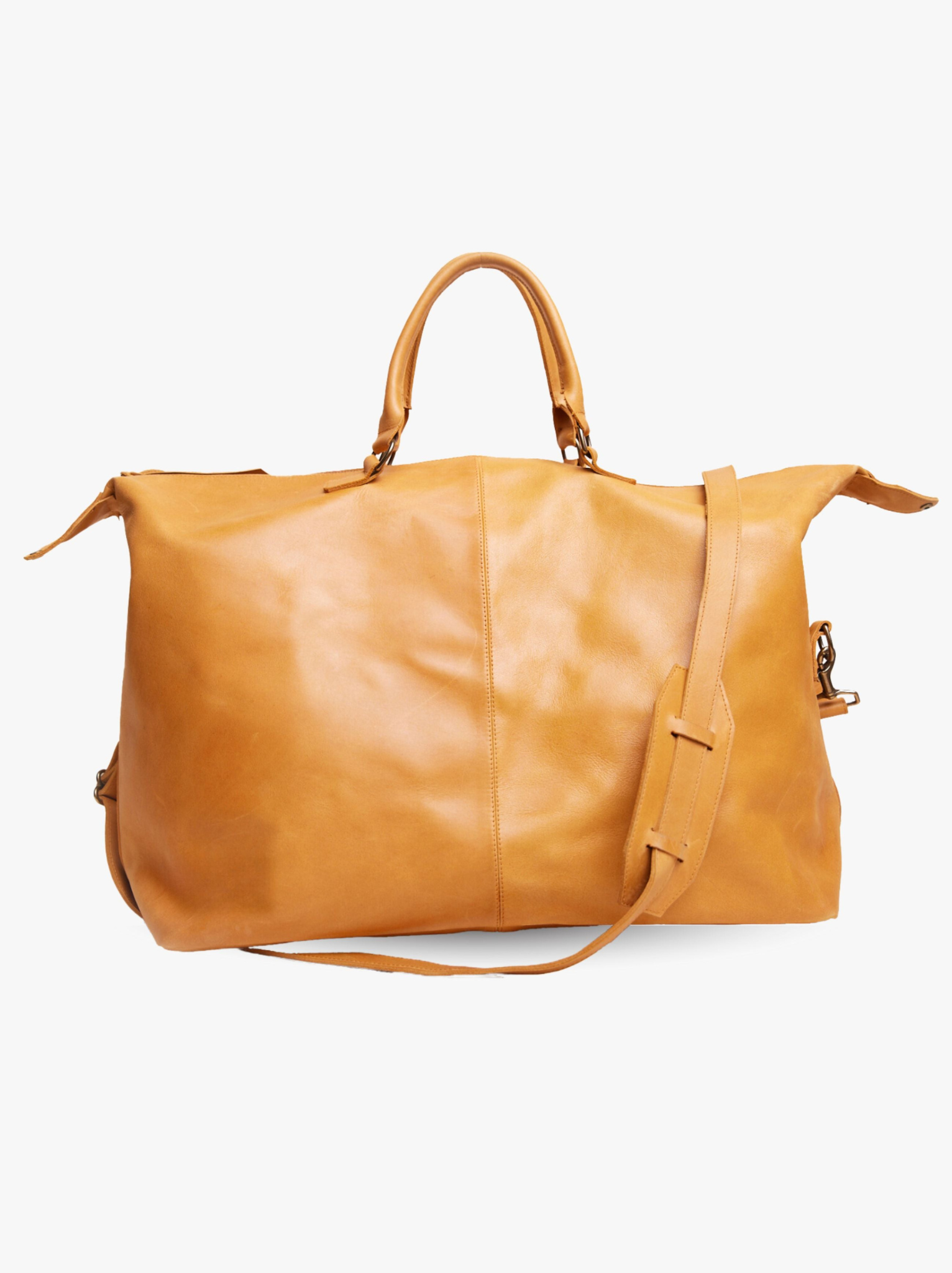 A cognac leather weekender duffel bag with dual top handles and a detachable shoulder strap, shown against a plain white background. #Color_Cognac