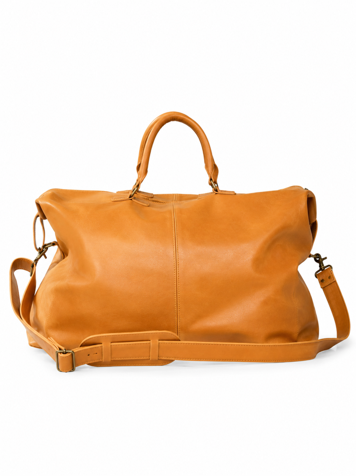 A cognac leather duffel bag with dual top handles and a matching adjustable shoulder strap, photographed against a clean white background. #Color_Cognac