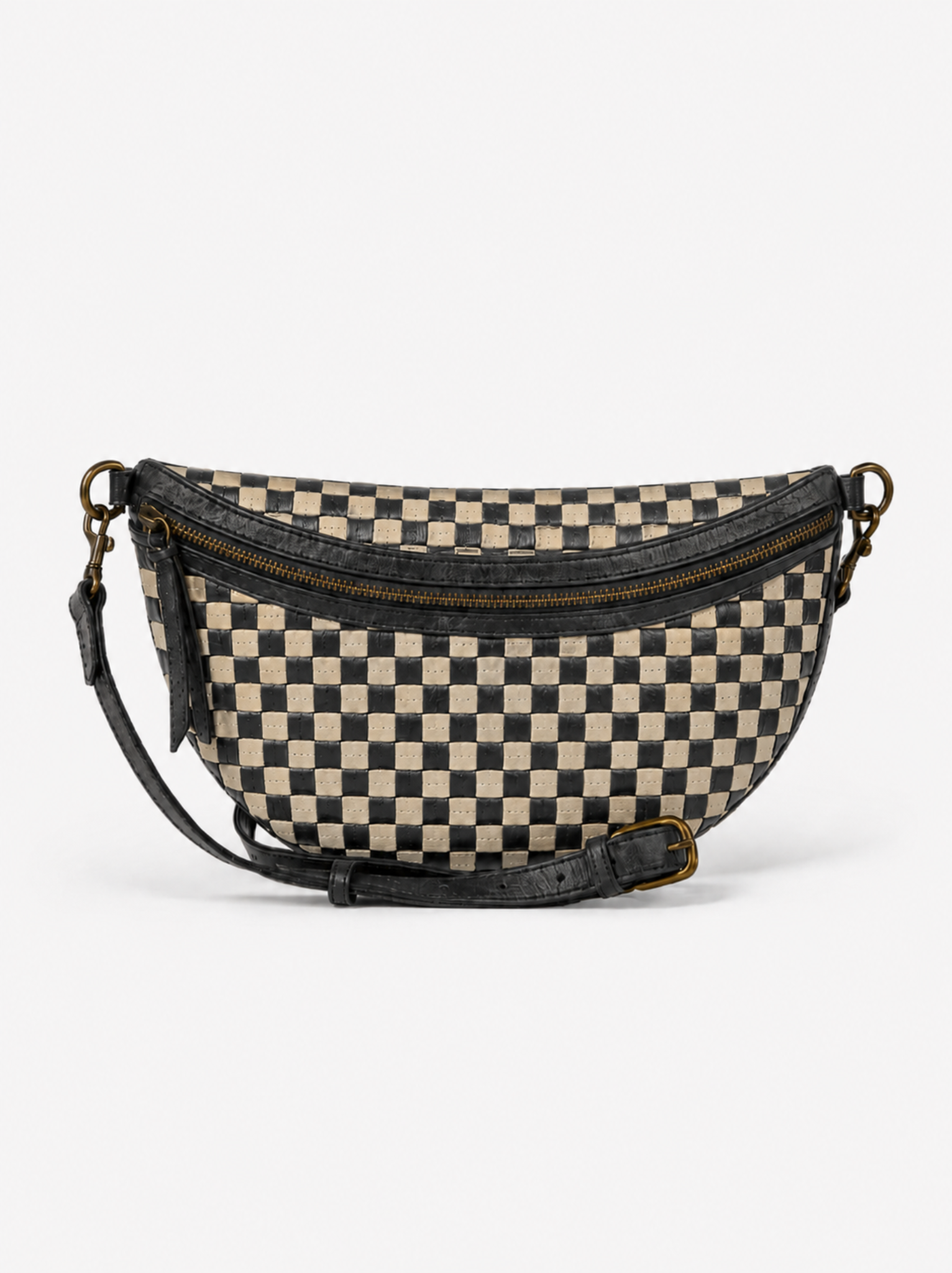 A crescent-shaped belt bag featuring a beige and black checkerboard pattern, with a black adjustable strap shown against a plain white background.