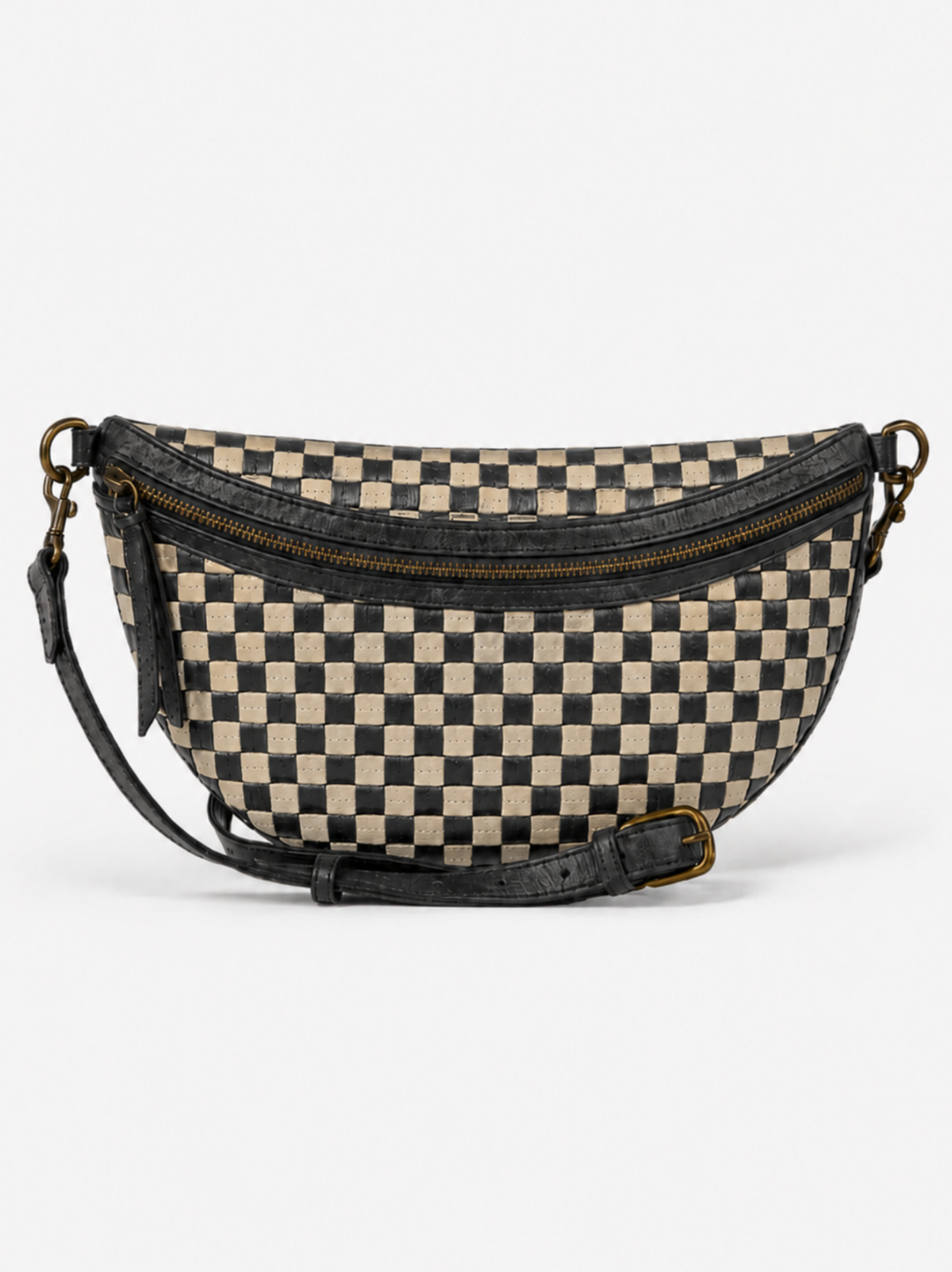 A crescent-shaped belt bag featuring a beige and black checkerboard pattern, with a black adjustable strap shown against a plain white background.