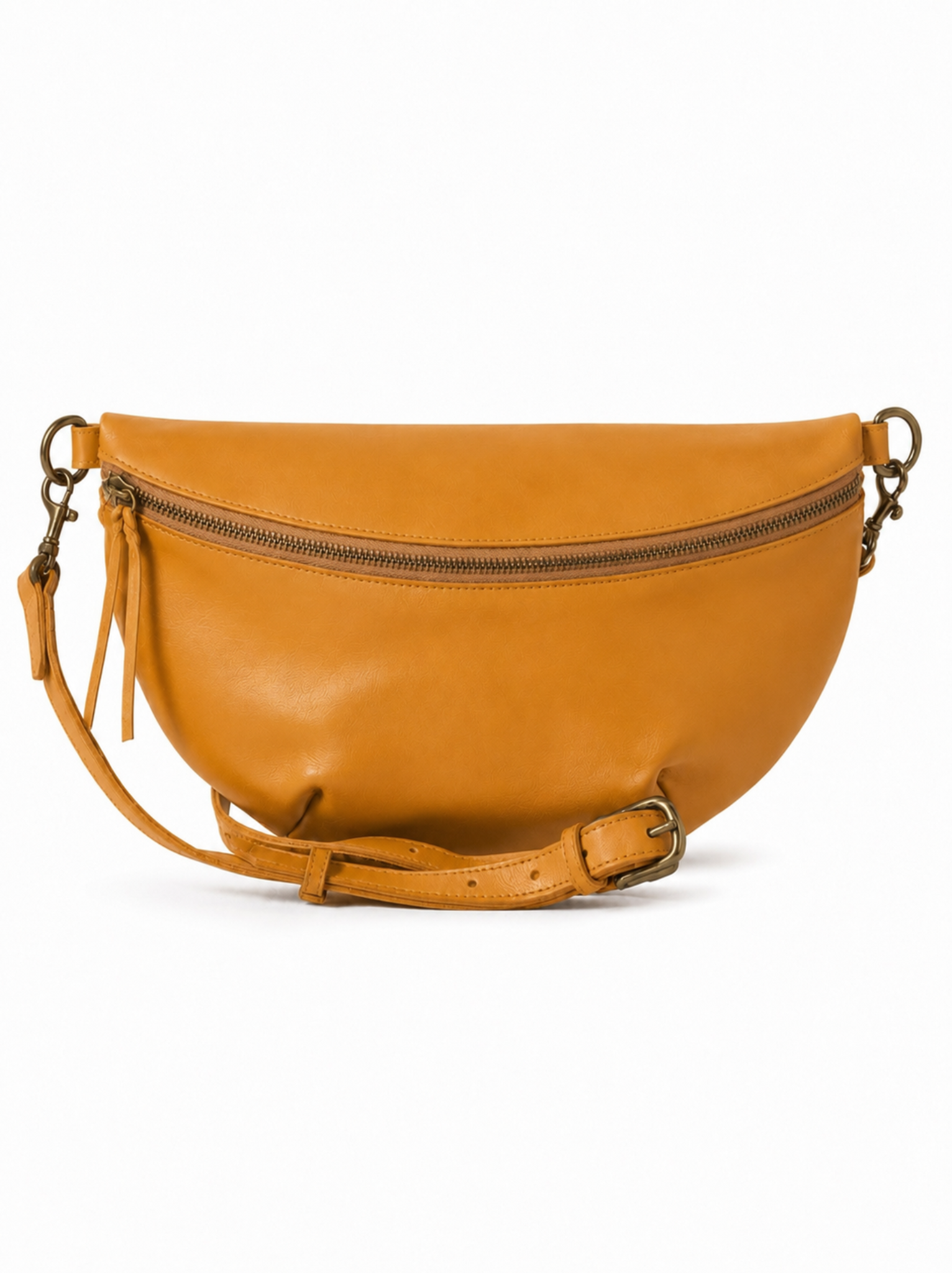 A cognac leather crescent-shaped belt bag with a front zipper, adjustable leather strap, and brass-tone hardware, shown against a plain white background. #Color_Cognac