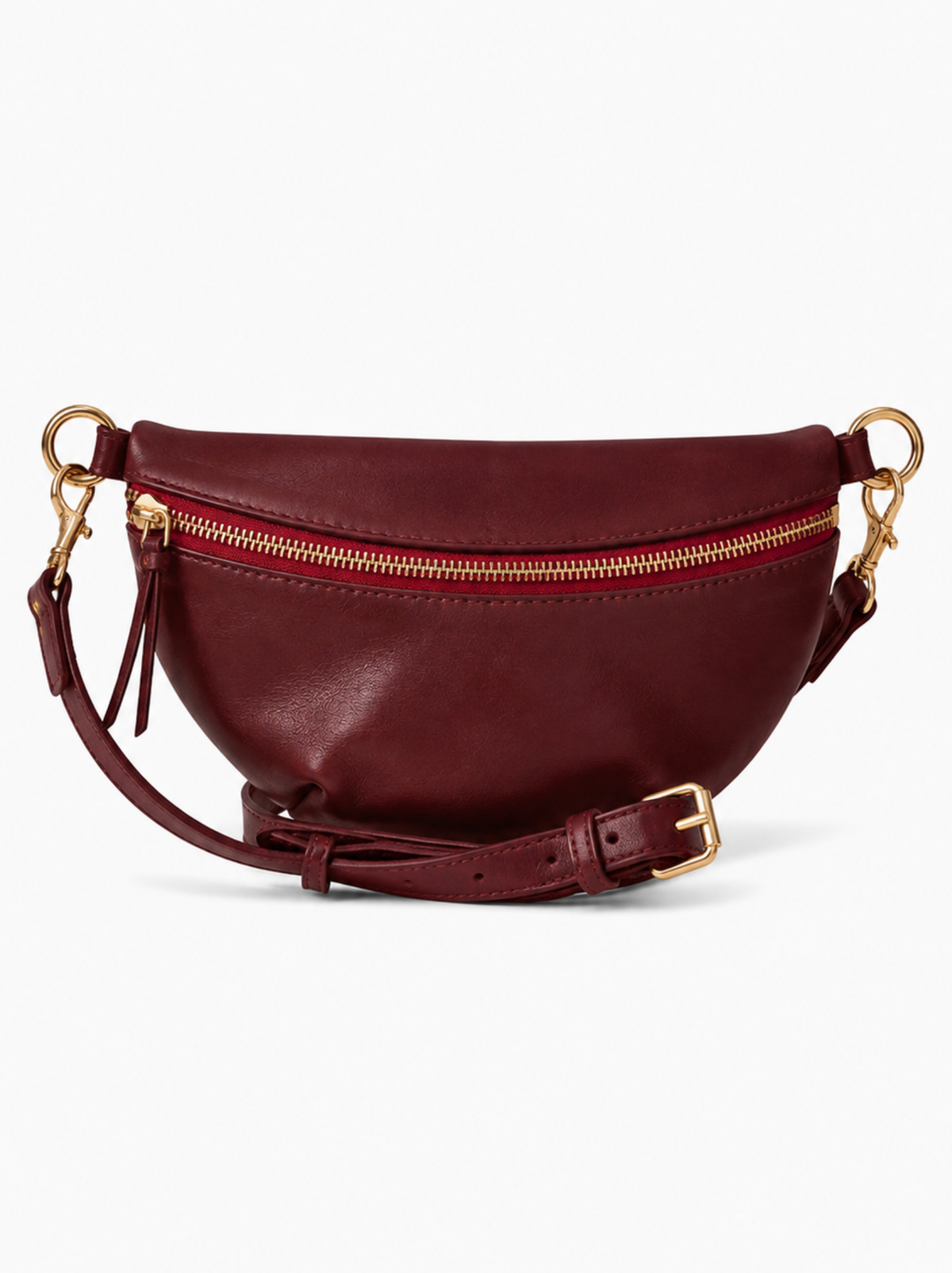 A burgundy leather crescent-shaped belt bag with gold-tone hardware, a front zip closure, and an adjustable shoulder strap, shown on a plain white background. #Color_Oxblood