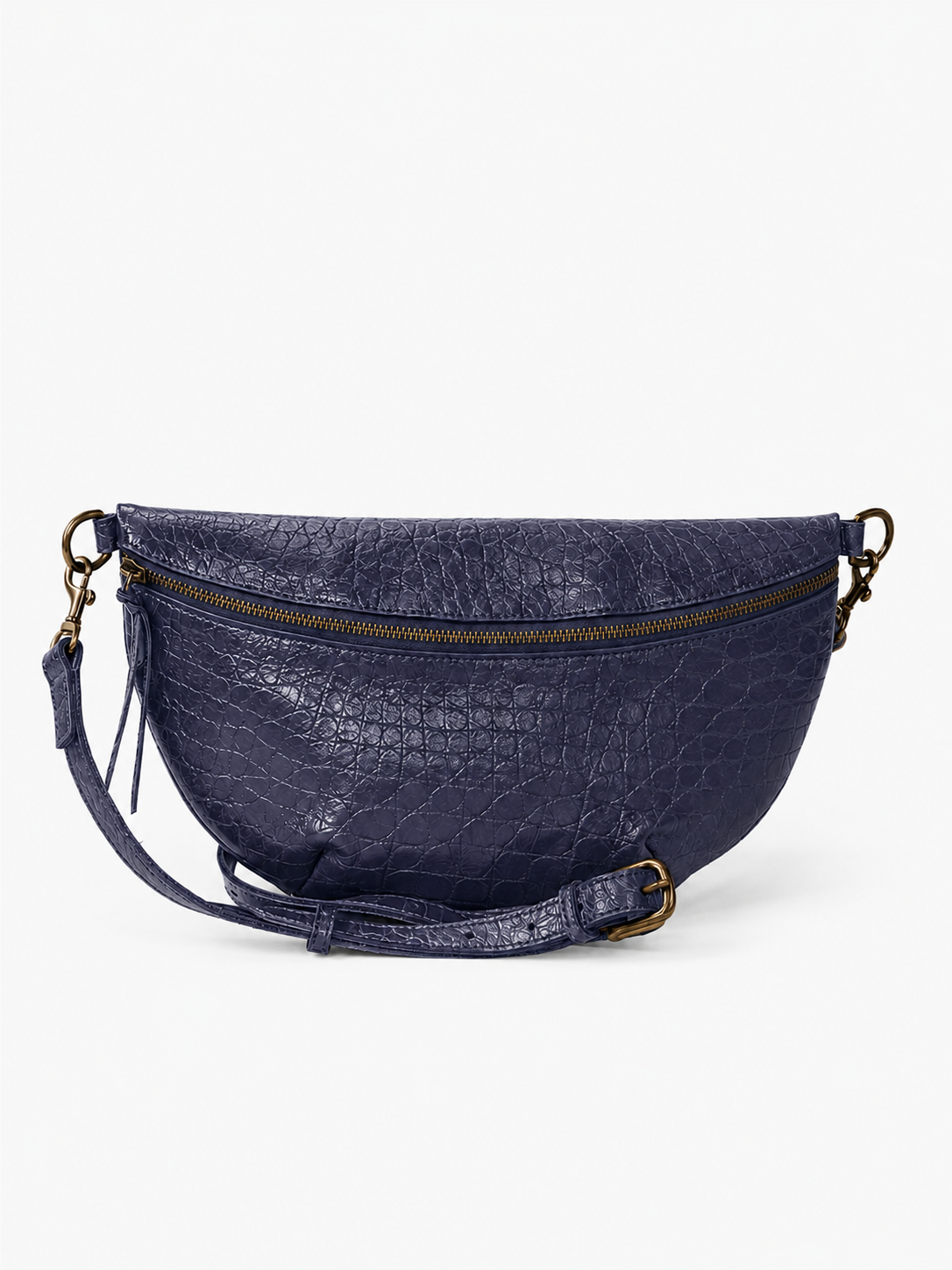 Navy croc textured blue leather belt bag with gold zippers on a white background #Color_Navy Crocodile
