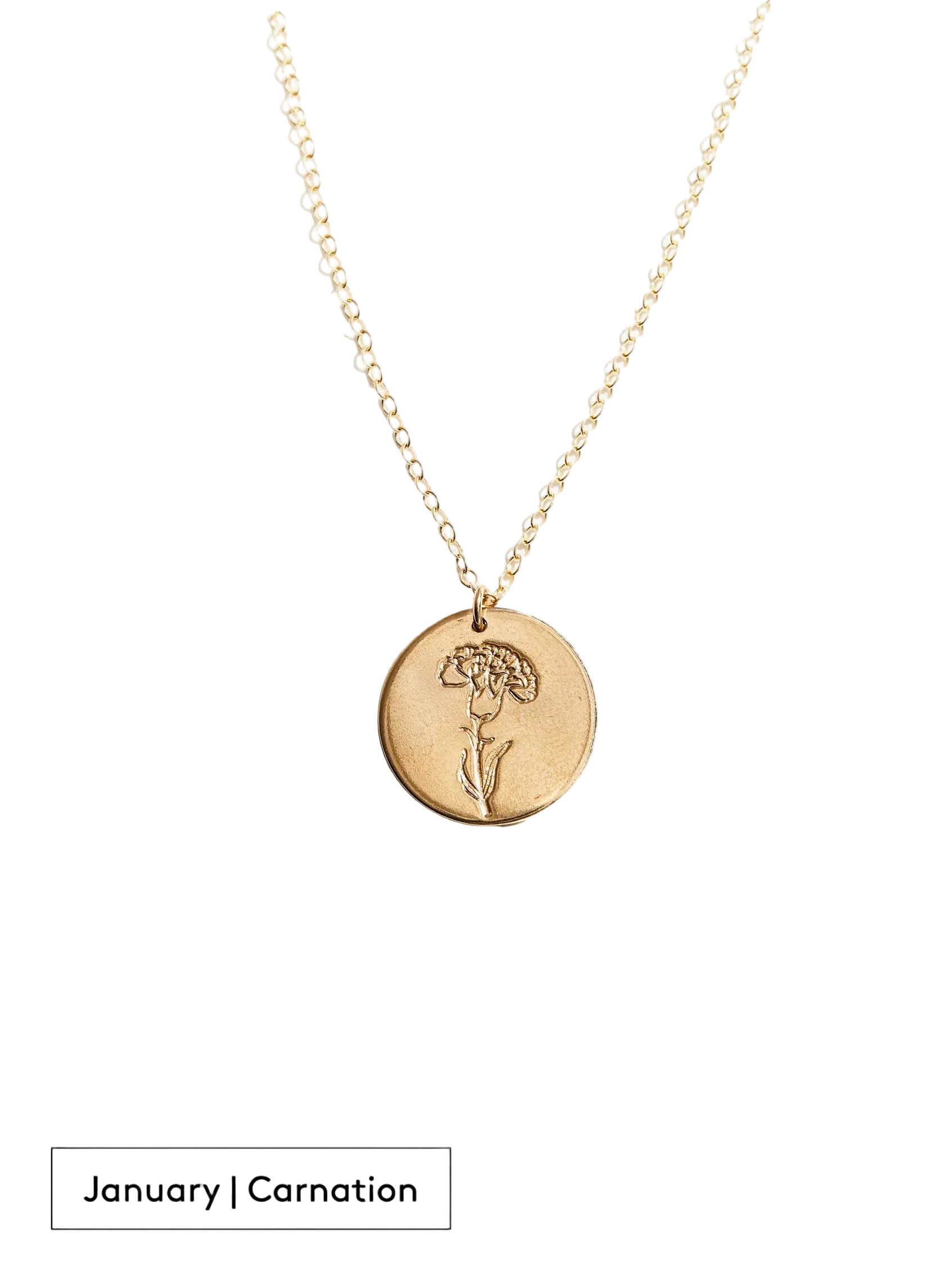 A gold-filled necklace with a round tag pendant featuring an engraved Carnation, noted as January's birth month flower, attached to a 24 inch chain on a neutral background.