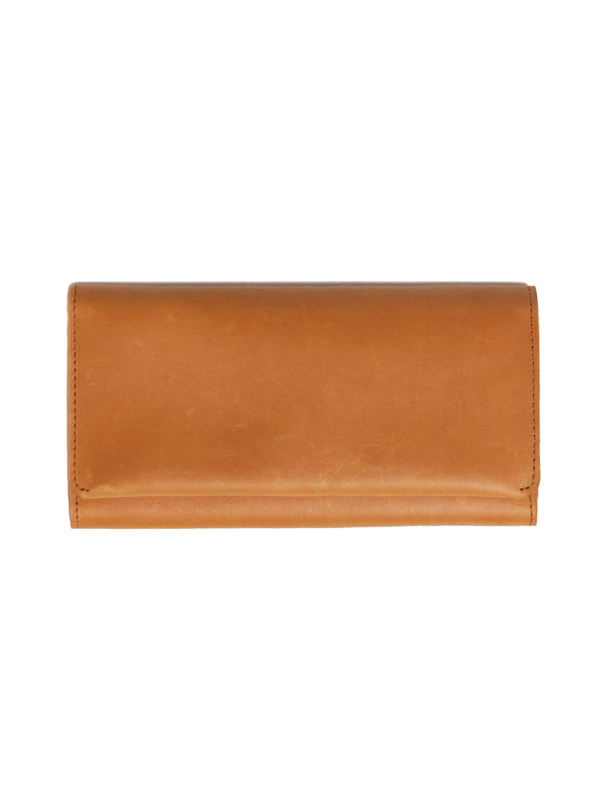 Trifold cognac leather wallet closed on a white background. #Color_Cognac