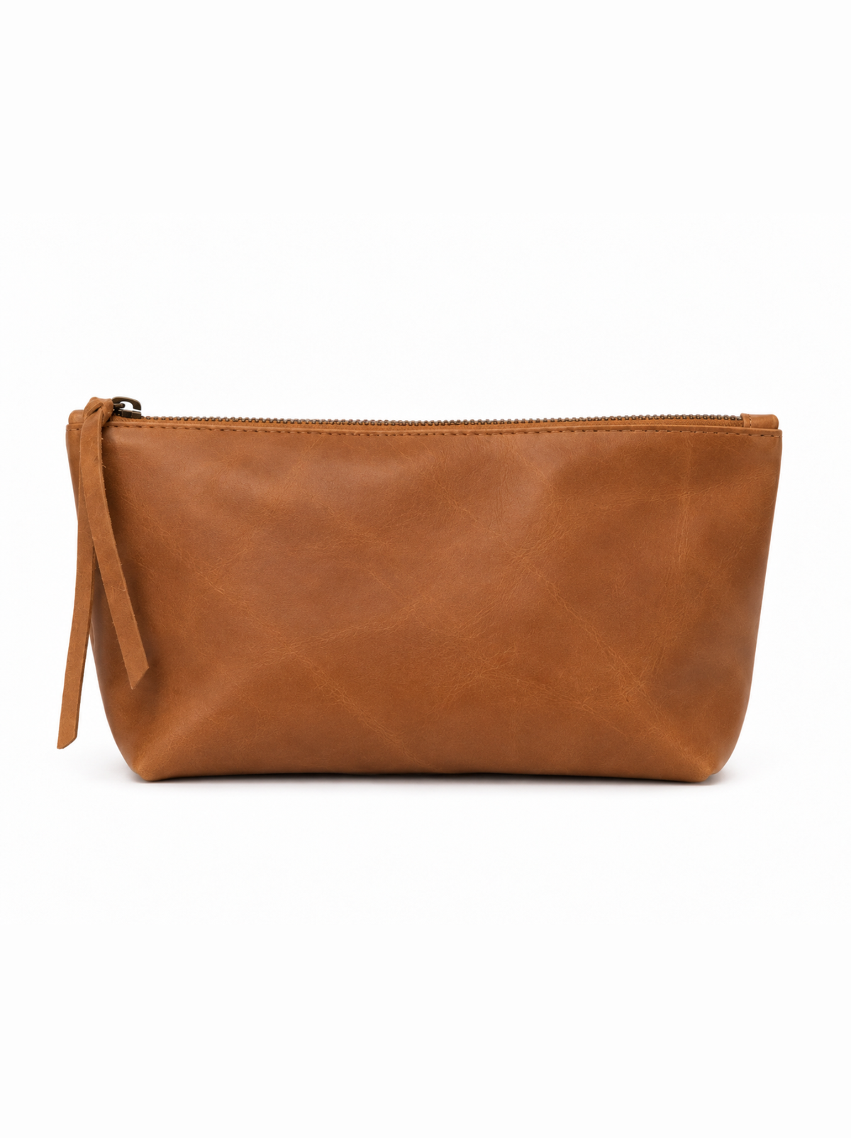 A brown leather zippered pouch with a matching zipper pull, shown against a plain white background. #Color_Camel