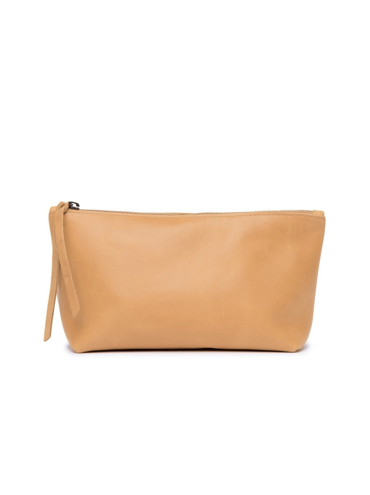 A mini tan leather zippered pouch photographed against a solid white background. #Color_Fawn