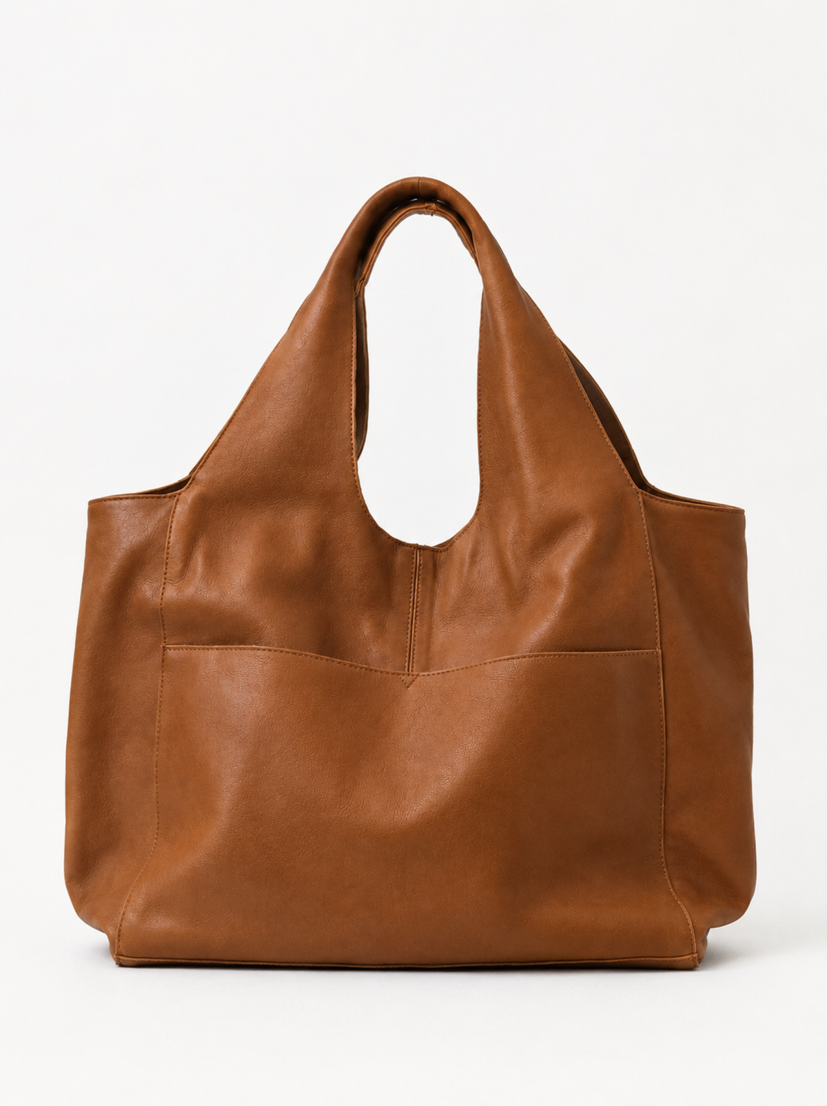 A large brown leather tote bag with two shoulder straps and a front slip pocket, photographed against a clean white background.