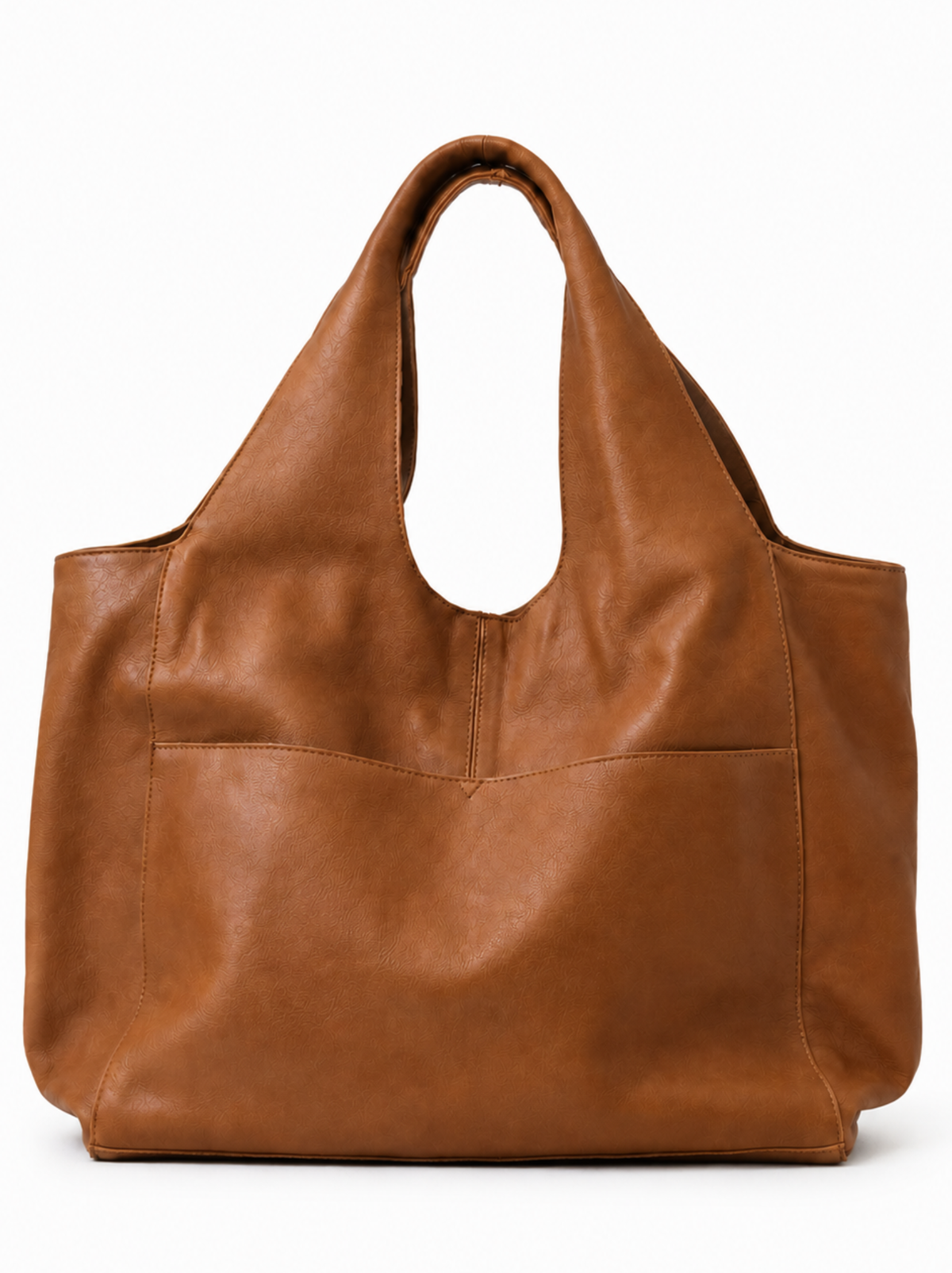 A large slouchy brown leather tote bag with two shoulder straps and a front slip pocket, photographed against a clean white background. #Color_Chestnut
