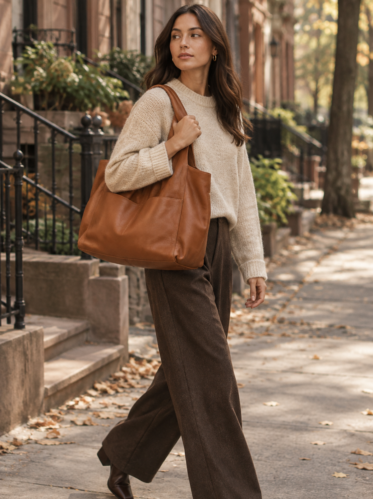 Woman walking on the sidewalk in a sweater and trousers with a large brown tote bag on her shoulder.