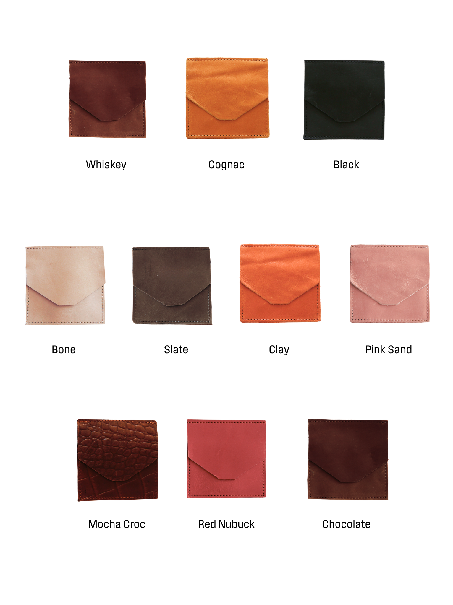 Color swatches of Lita Leather Envelope in various colors on a white background