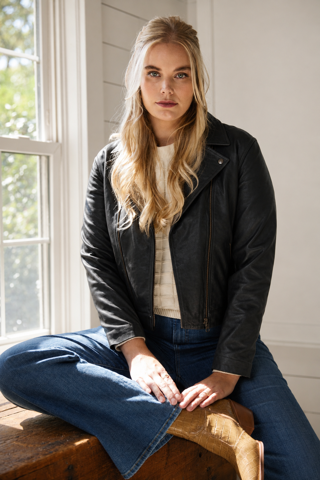 Woman sitting on a table by the window in the kitchen wearing a black leather jacket, sweater, jeans and boots.