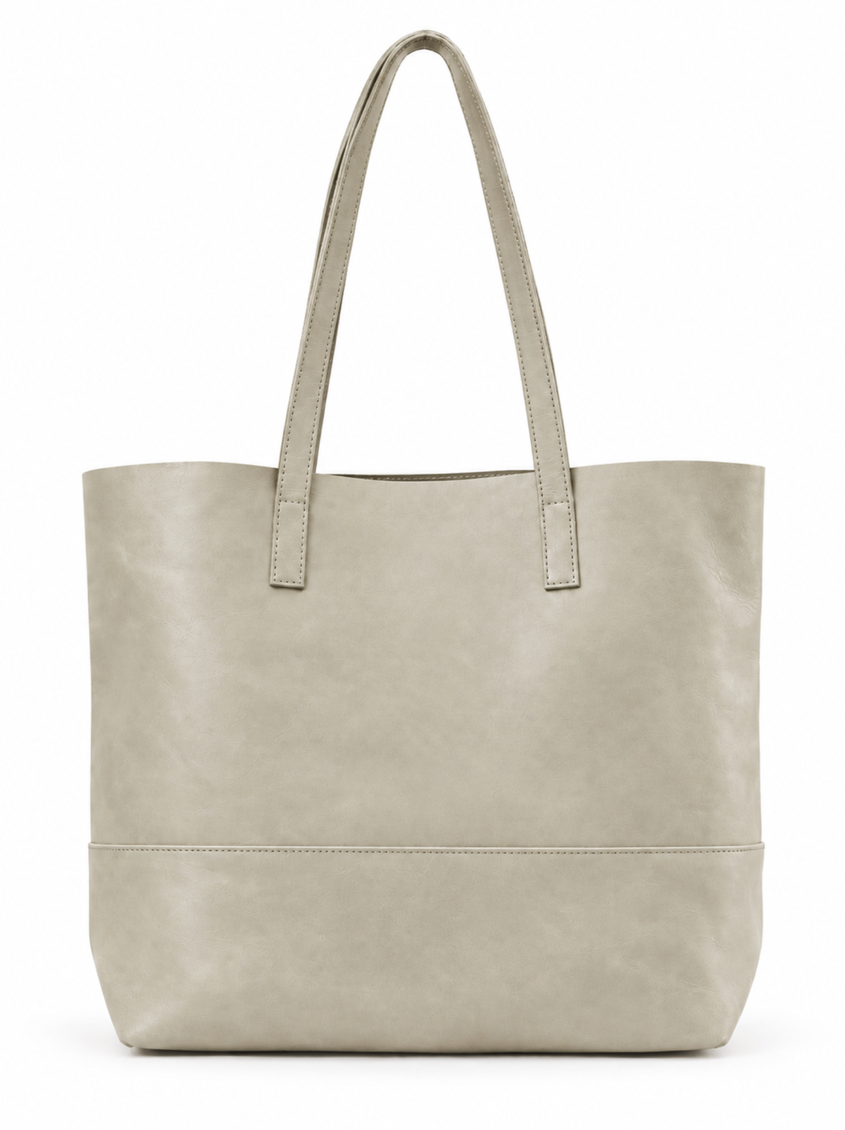 A light taupe leather tote bag with dual shoulder straps and a horizontal seam near the bottom, shown against a plain white background. #Color_Mushroom
