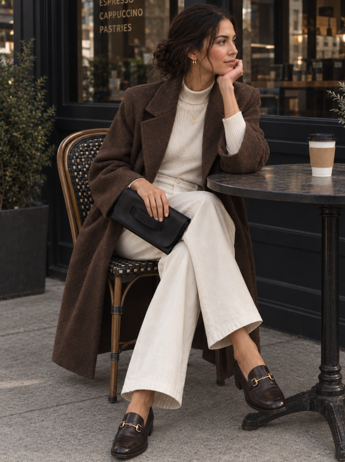 A woman sits at an outdoor cafe table wearing a long brown coat over a cream ribbed turtleneck and wide-leg cream trousers, holding a black clutch. #Color_Black