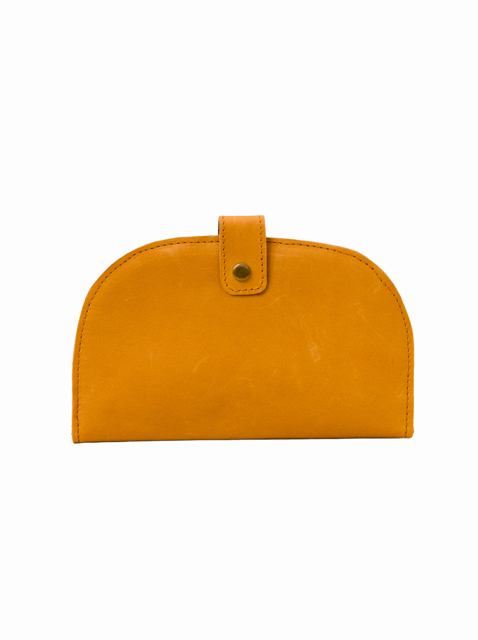 A cognac leather wallet with a snap button closure, shown against a plain white background. #Color_Cognac