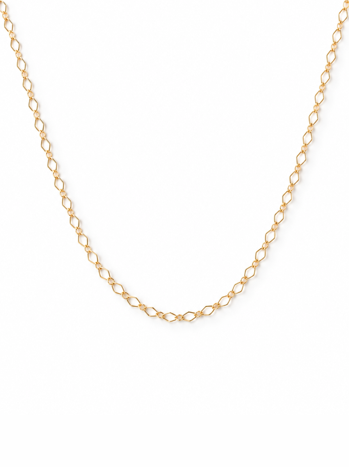 A delicate gold chain necklace with a repeating elongated link pattern, displayed on a clean white background.