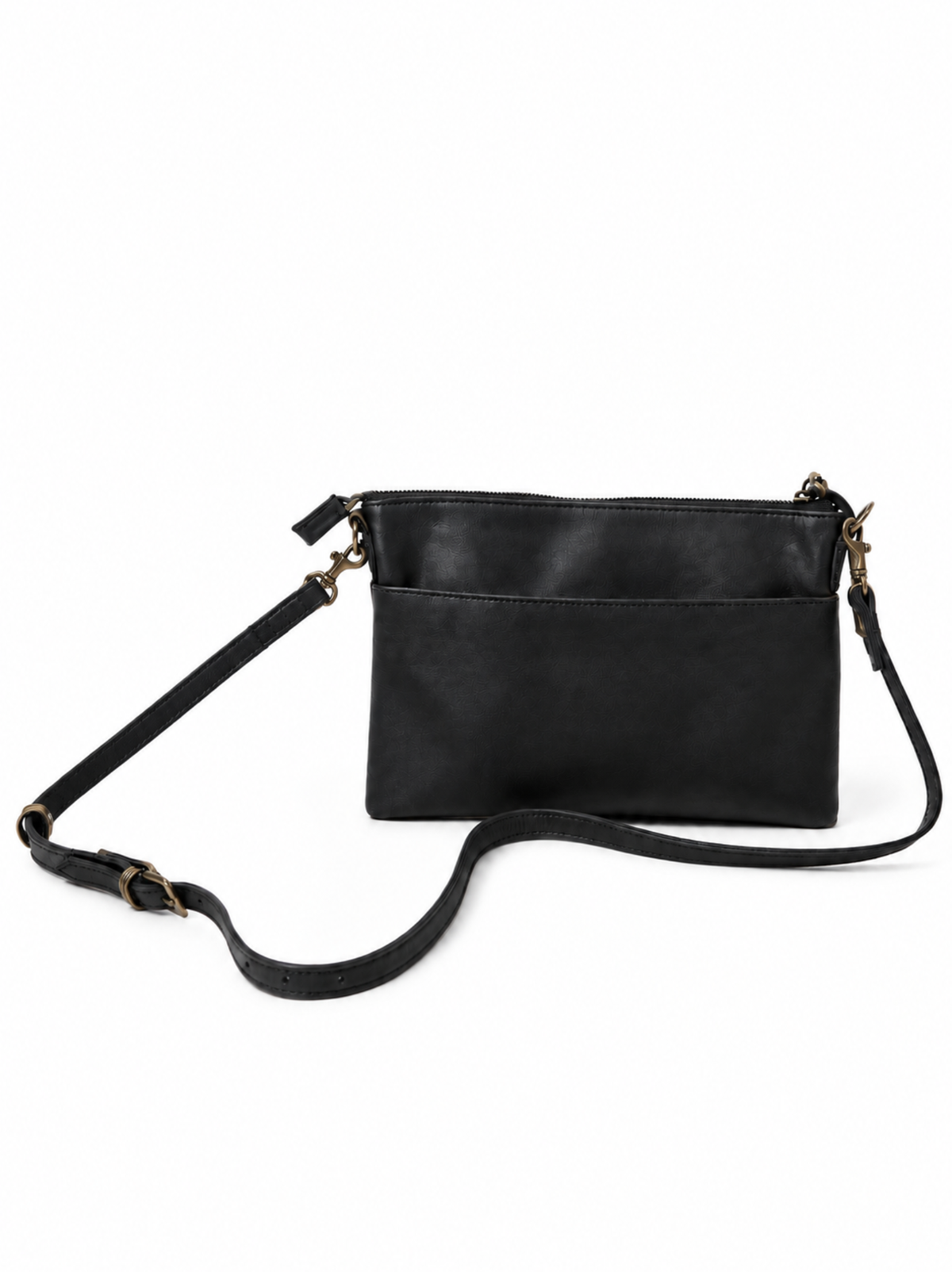 Black leather crossbody bag with a long adjustable strap, exterior back pocket, and bronze-tone hardware, shown on a plain white background. #Color_Black