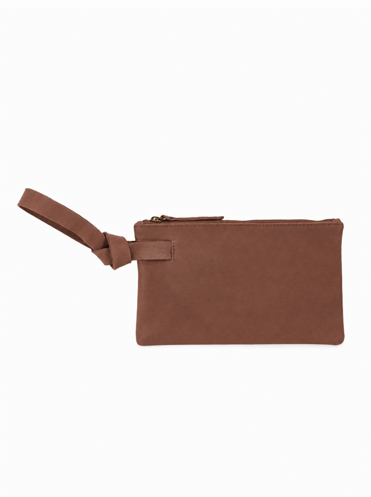 A brown leather wristlet wallet with top zipper on a white background. #Color_Whiskey