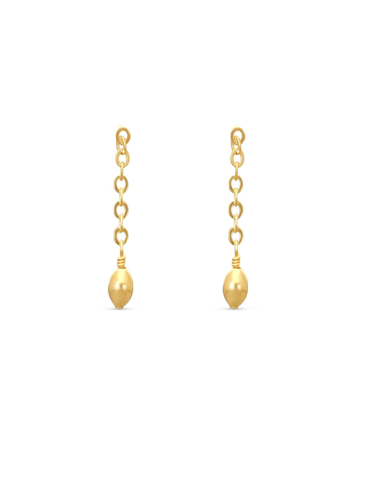 Gold earrings with gold bead drops at the end of a gold chain on a white background.