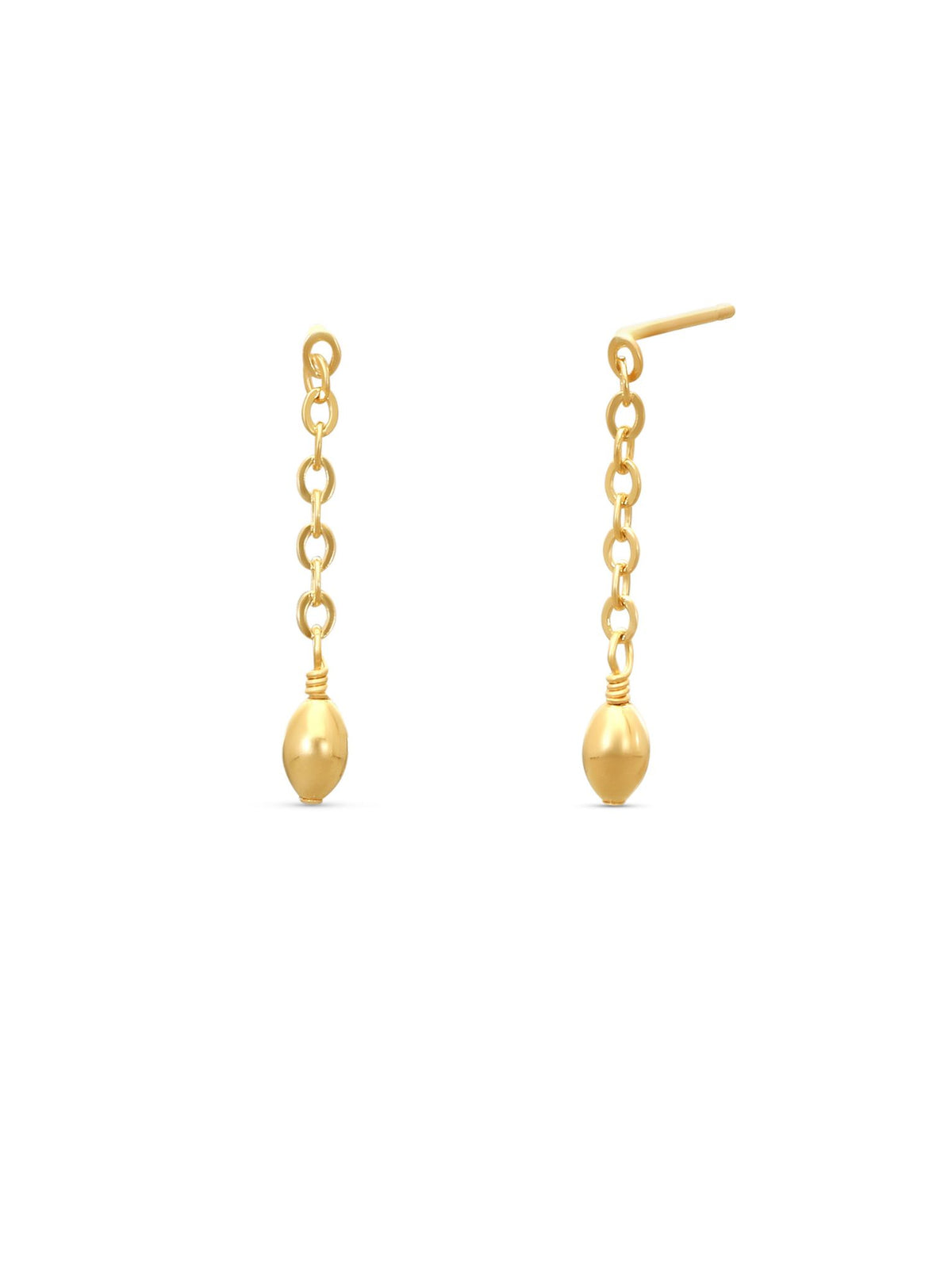 Gold earrings with chain and bead design on a white background.