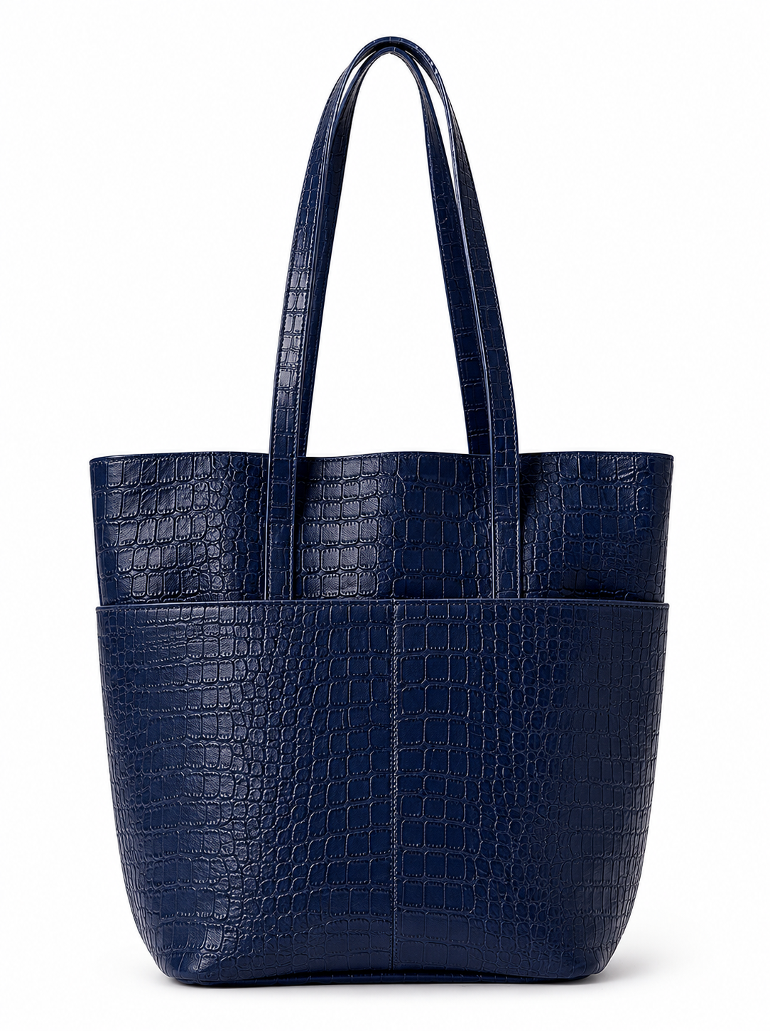 Navy blue croc textured tote bag with two shoulder straps and two front slip pockets on a white background. #Color_Navy Crocodile