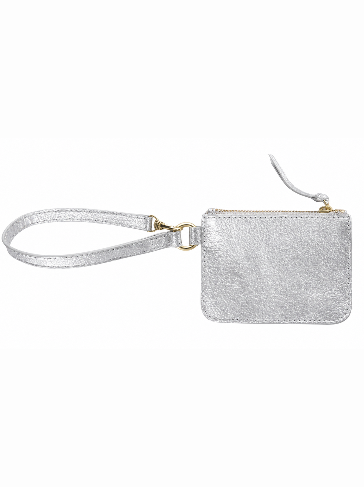 A silver metallic mini wristlet pouch with a zippered closure, a matching wrist strap, and gold-tone hardware, shown on a plain white background. #Color_Silver