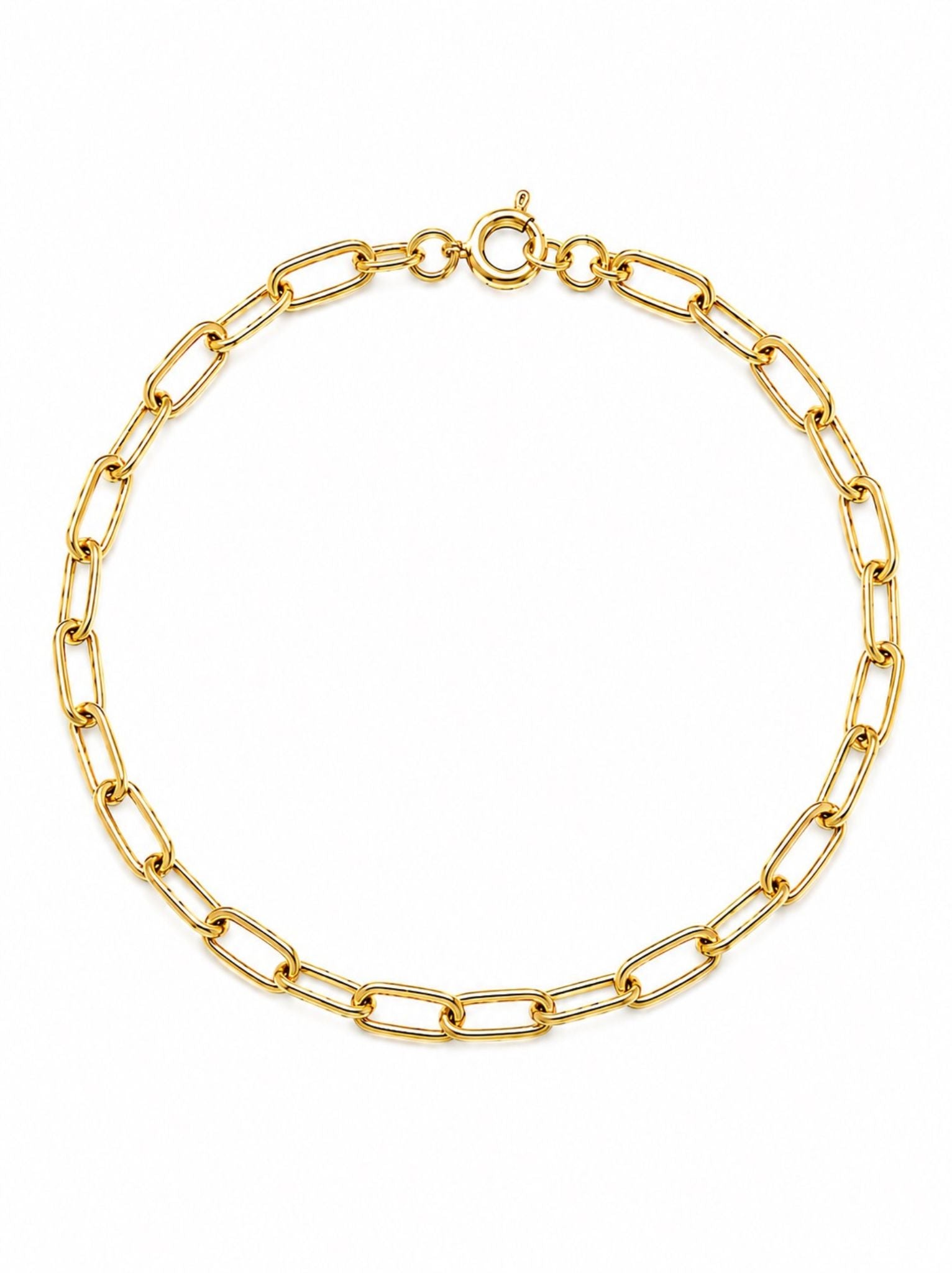 Gold chain bracelet with clasp on a white background.
