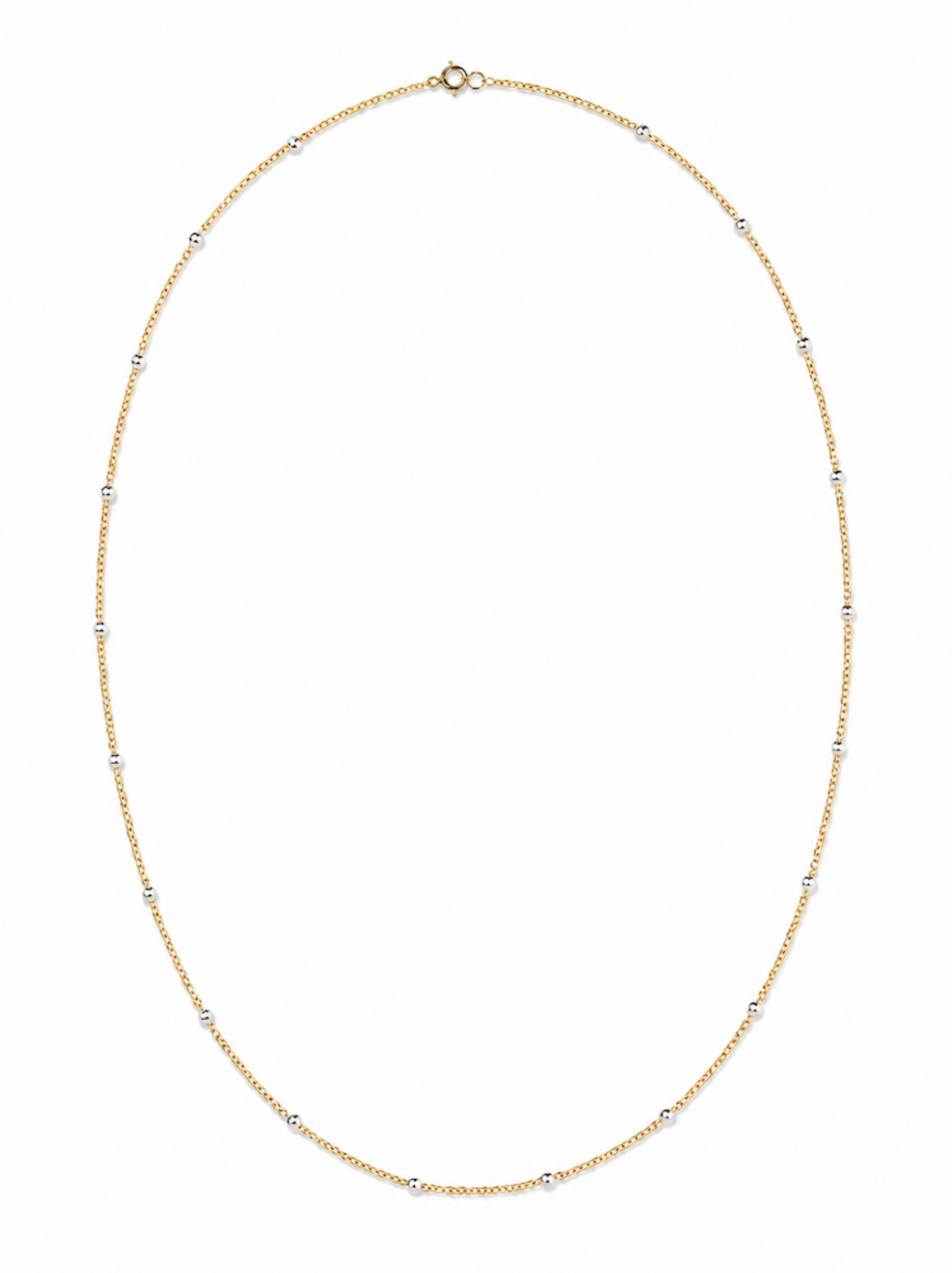 Gold necklace with silver beads spaced around chain with clasp on a white background.