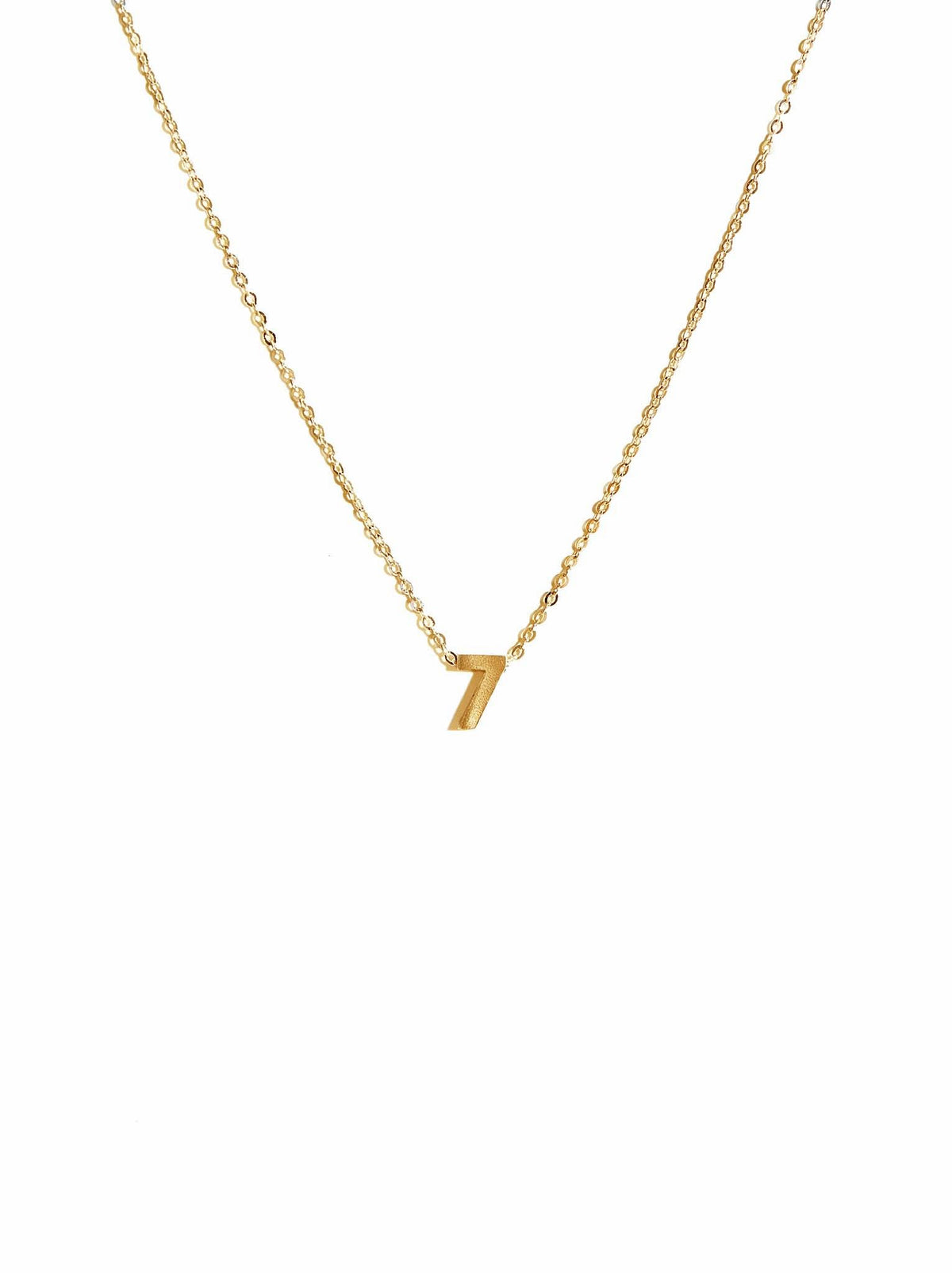 Gold number 7 pendant on a gold chain against a white background. #Color_Gold Vermeil