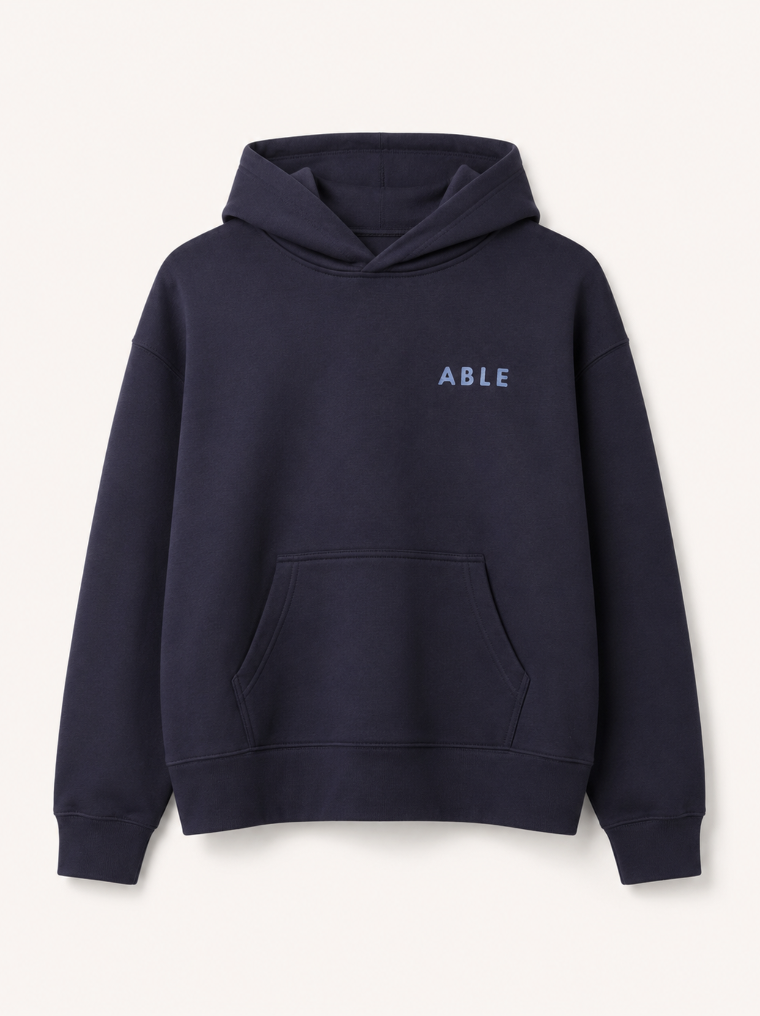 A navy blue pullover hoodie with the word 'ABLE' printed in light blue on the left chest, displayed on a clean off-white background. #Color_Navy Ink