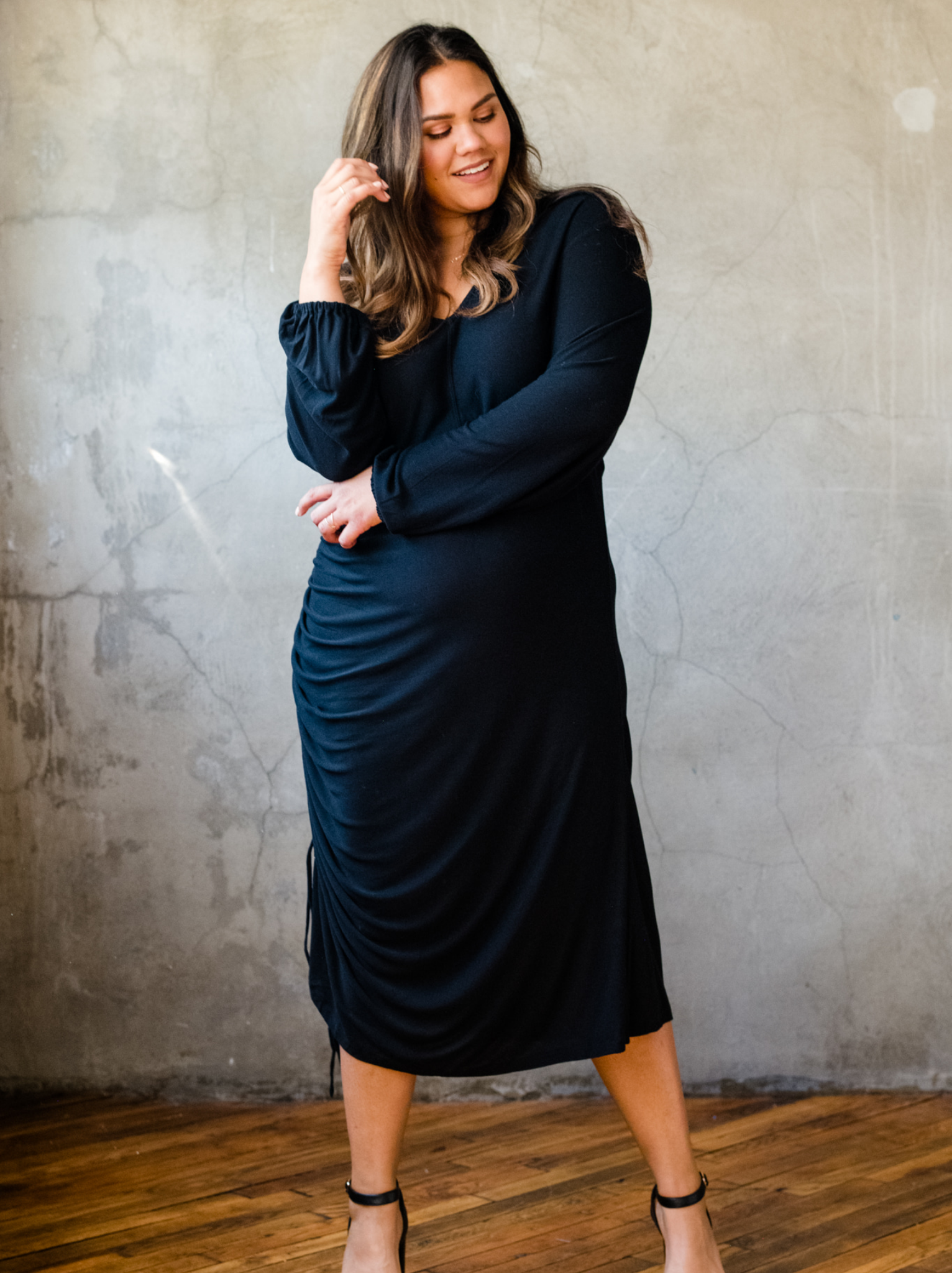 Black ruched dress plus size hotsell