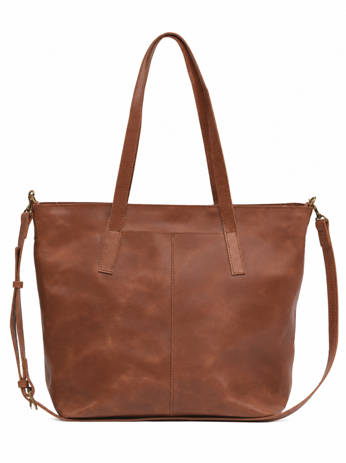 Brown leather tote bag with dual shoulder straps and an adjustable, detachable crossbody strap, and front exterior pocket on a white background. #Color_Whiskey
