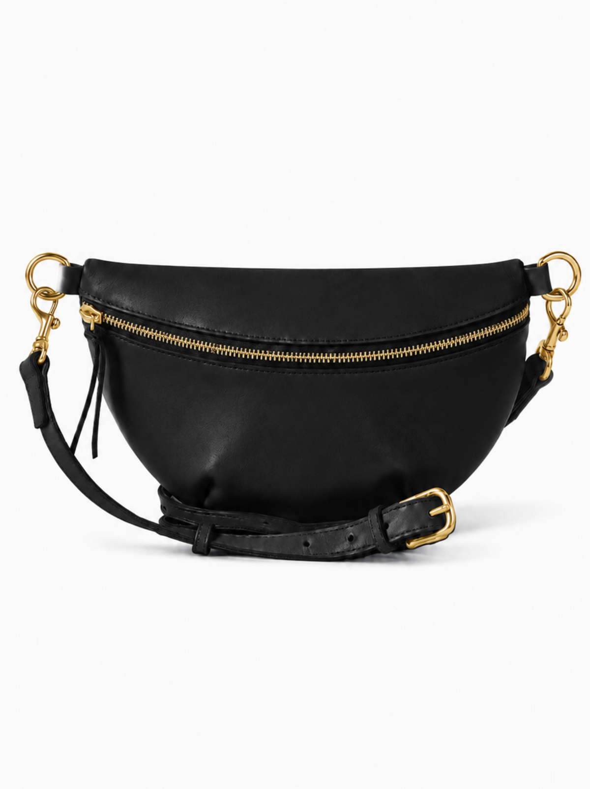 A black leather crescent-shaped belt bag with gold-tone hardware, a zip closure, and an adjustable shoulder strap, shown against a plain white background. #Color_Black