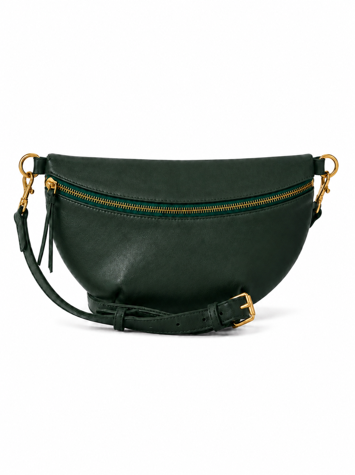 A dark green leather crescent-shaped belt bag with gold-tone hardware, a zipper, and an adjustable shoulder strap, shown on a plain white background. #Color_Juniper