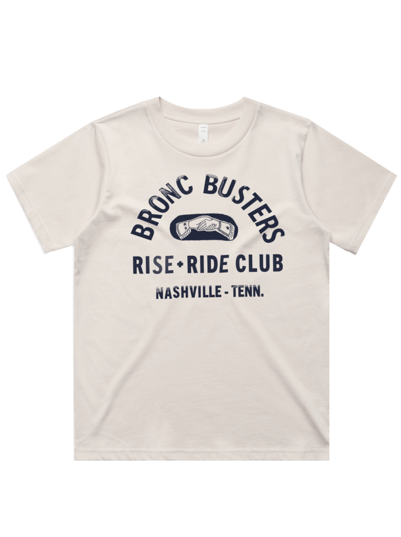 Beige t-shirt with 'Bronc Busters Rise Ride Club Nashville, Tenn.' text on a white background