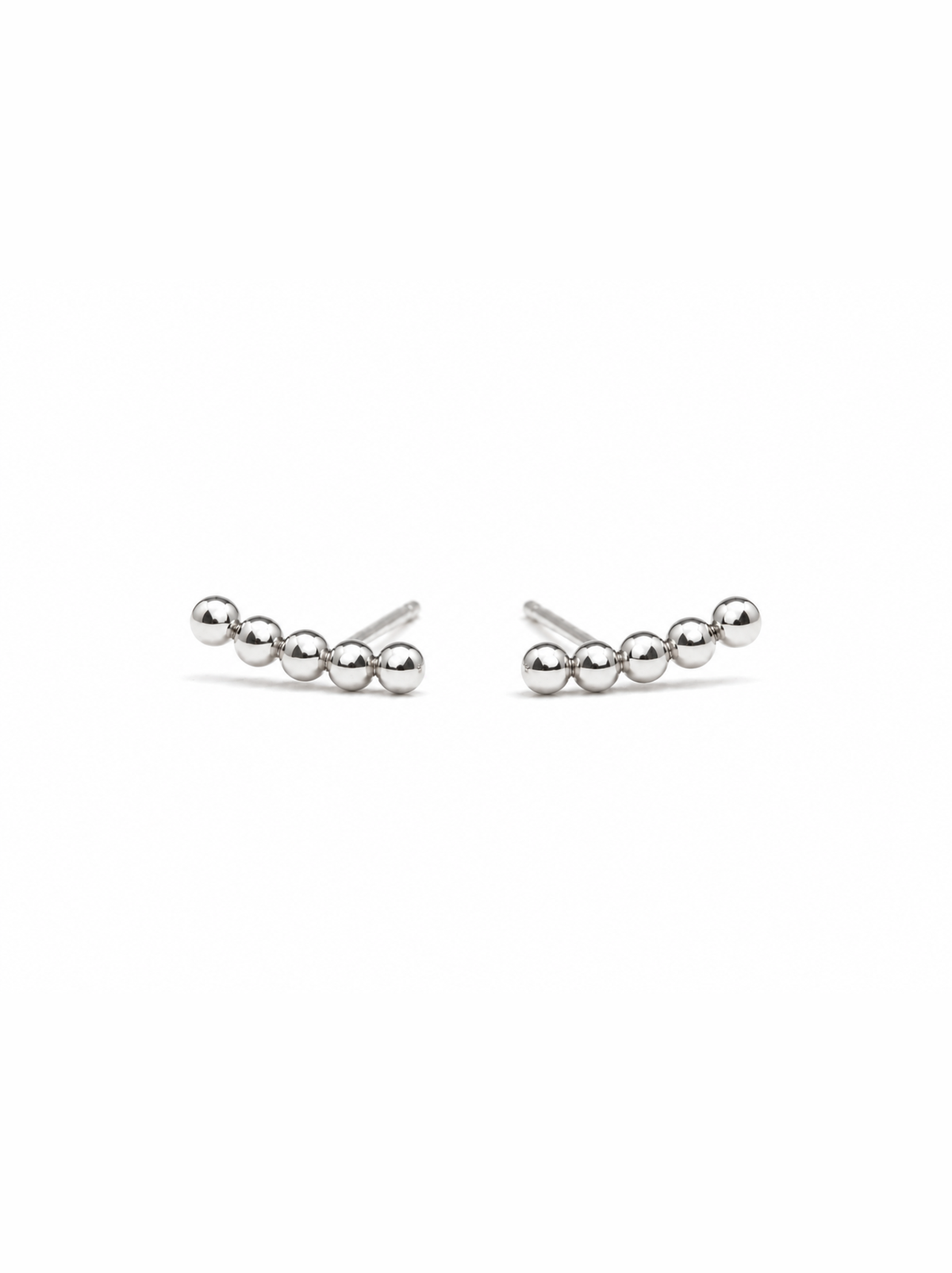 A pair of silver stud earrings featuring a curved row of polished metallic beads, displayed on a clean white background. #Color_Sterling Silver