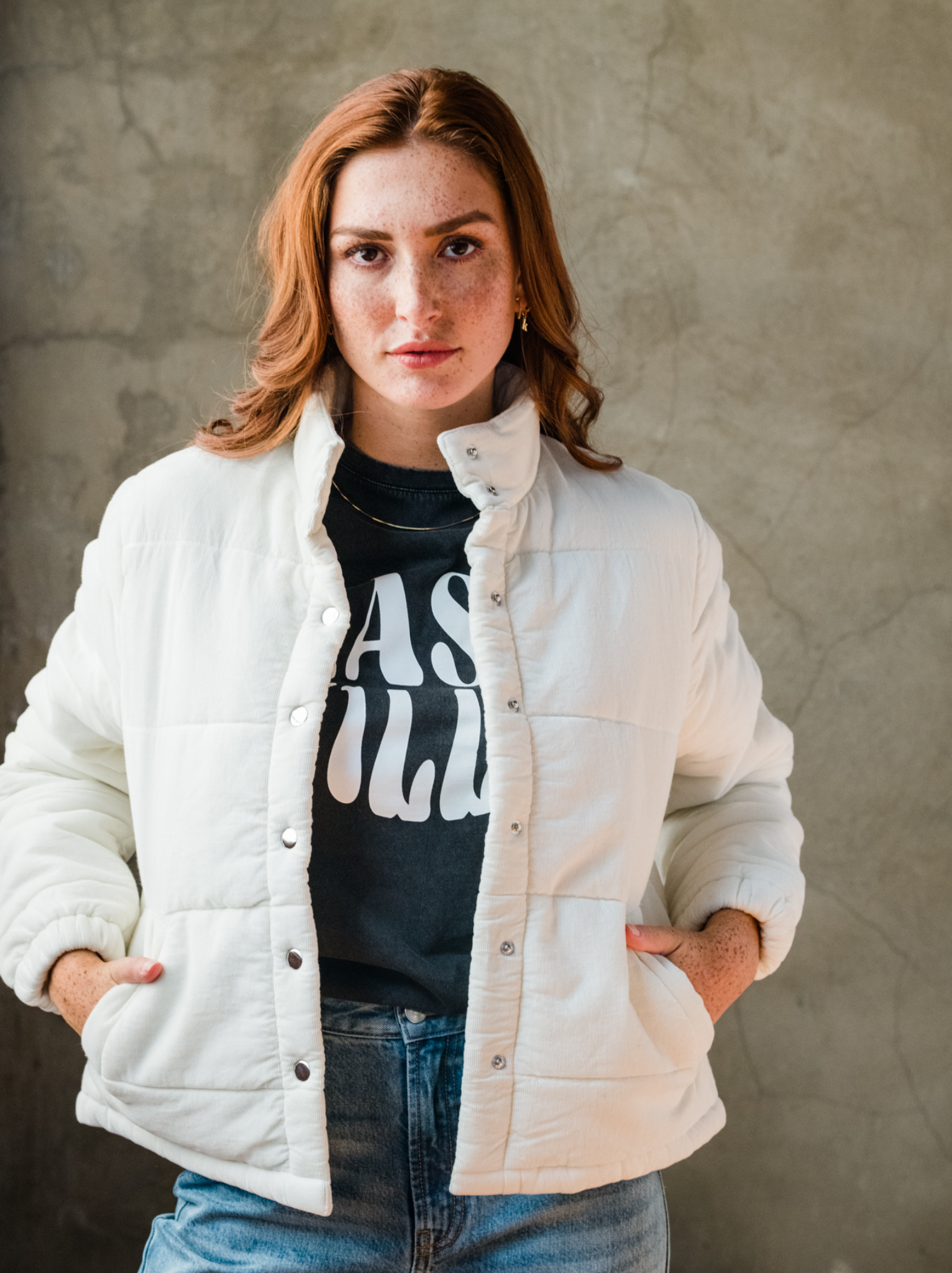 White corduroy top puffer jacket