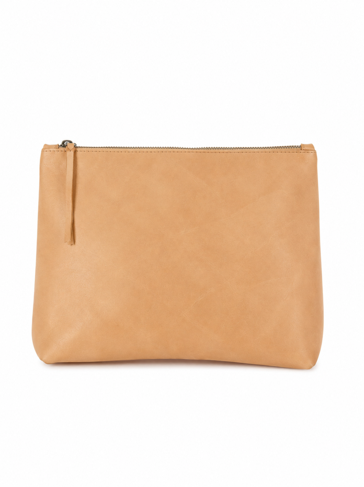 A tan leather zippered pouch with a small leather zip pull, photographed against a solid white background. #Color_Fawn