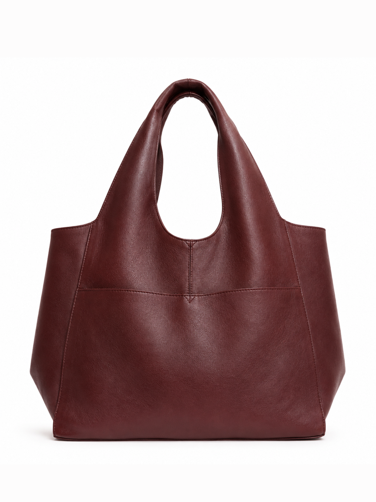 A large leather tote bag in a deep burgundy color, featuring two shoulder straps and a slouchy silhouette, shown against a plain white background. #Color_Oxblood