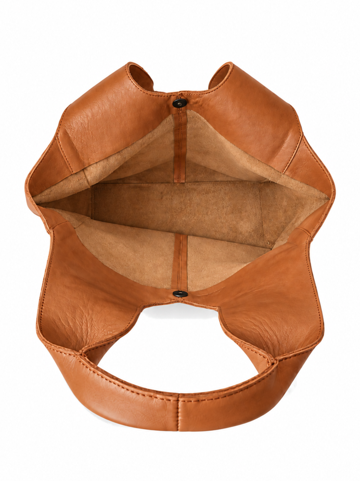 A top-down view of a brown leather shoulder bag with wide, structured straps and a contrasting light brown unlined interior, shown on a plain white background.