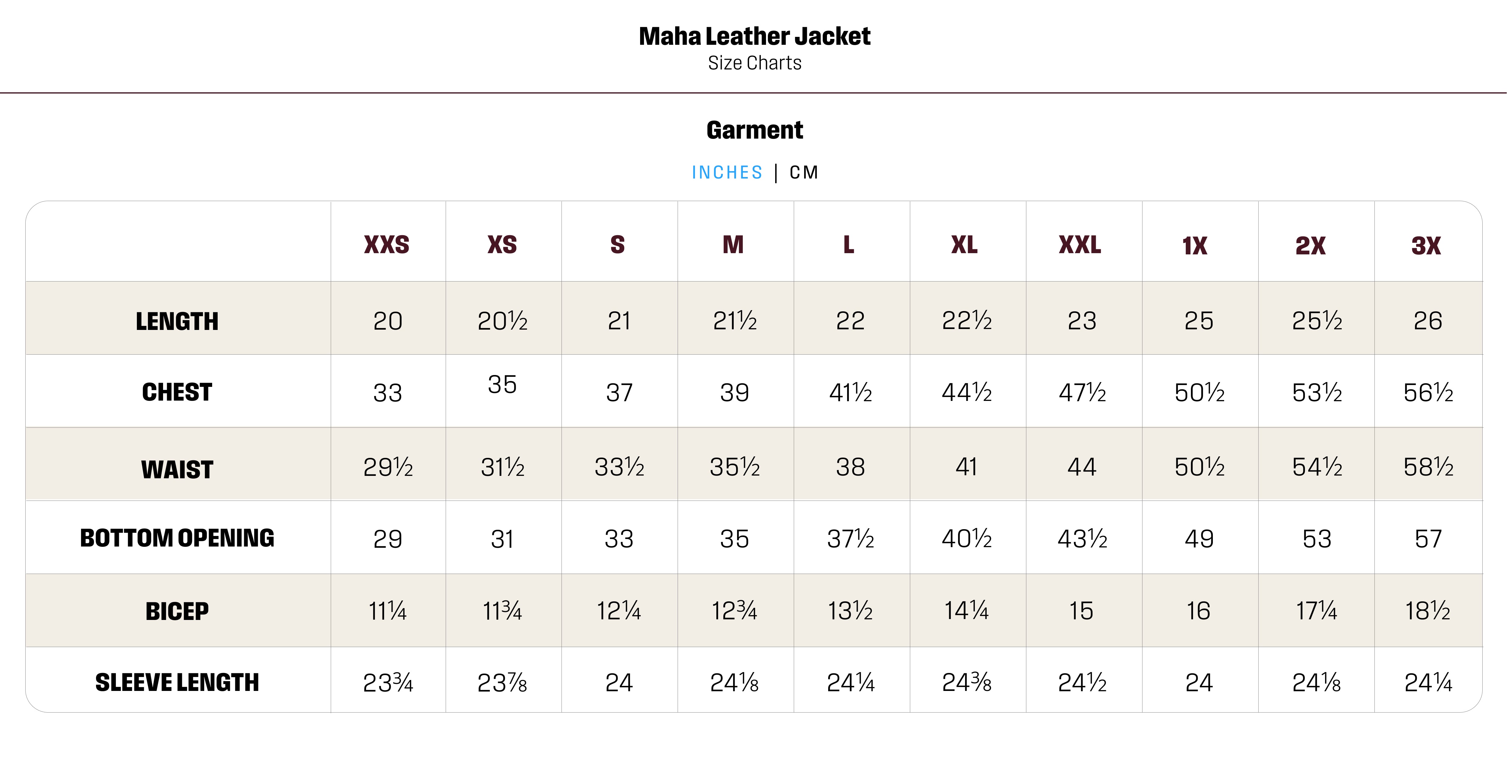 Maha Leather Jacket size chart with measurements in inches and centimeters.