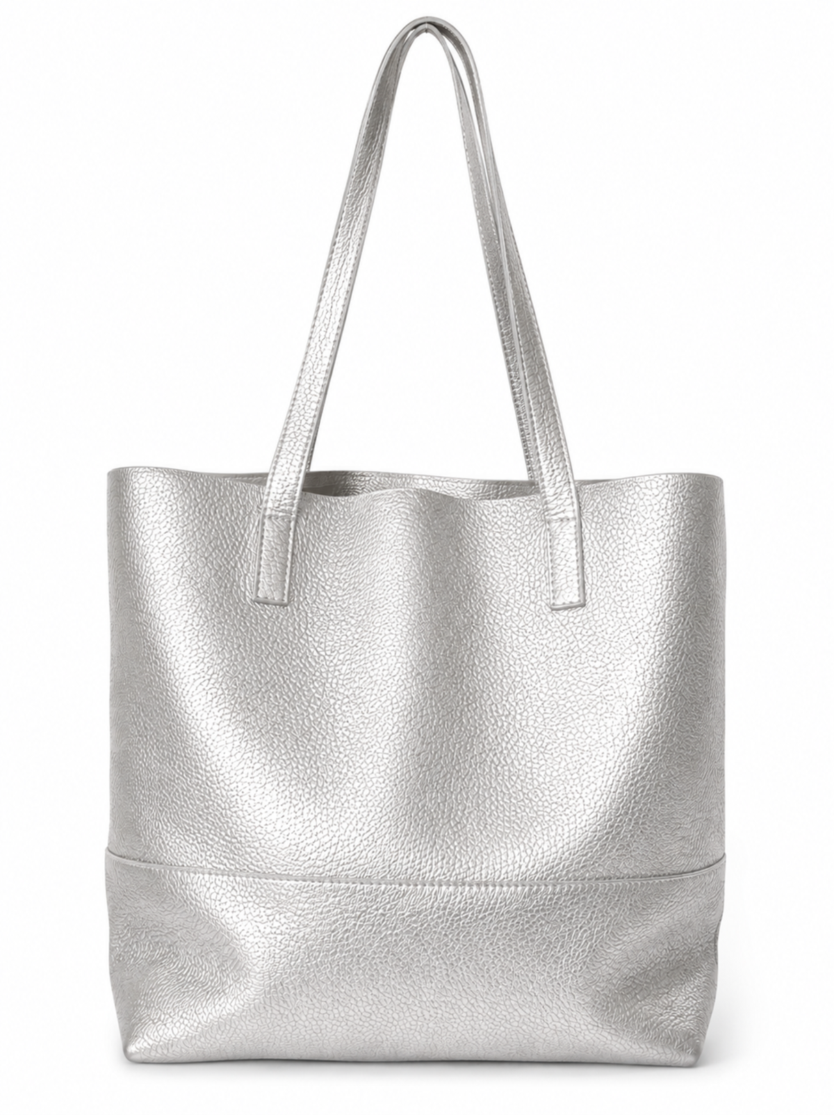 A metallic silver pebbled leather tote bag with two shoulder straps, shown against a plain white background. #Color_Silver
