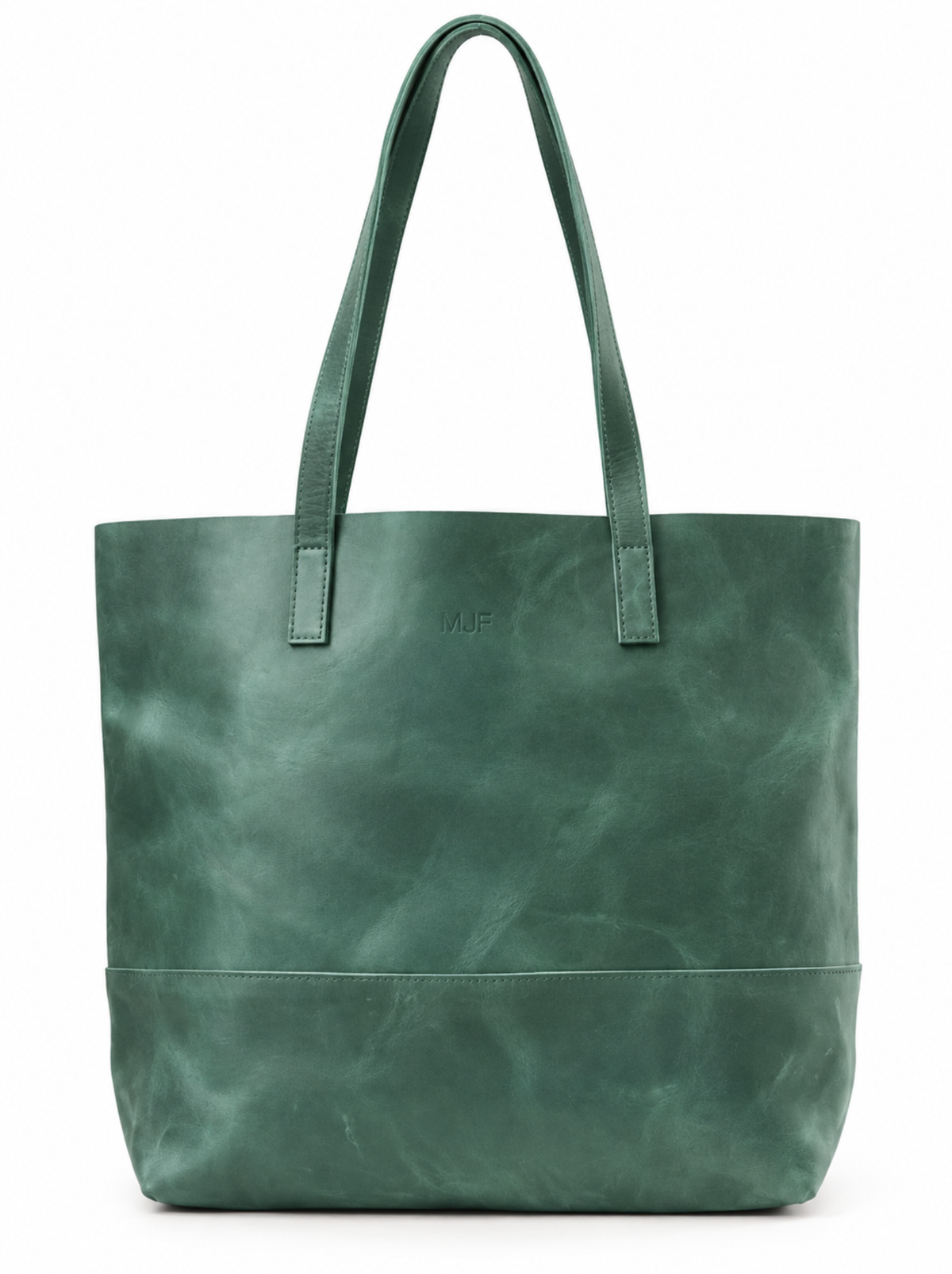 A green leather tote bag with dual shoulder straps and a subtle embossed logo on the front, photographed against a plain white background. #Color_Juniper