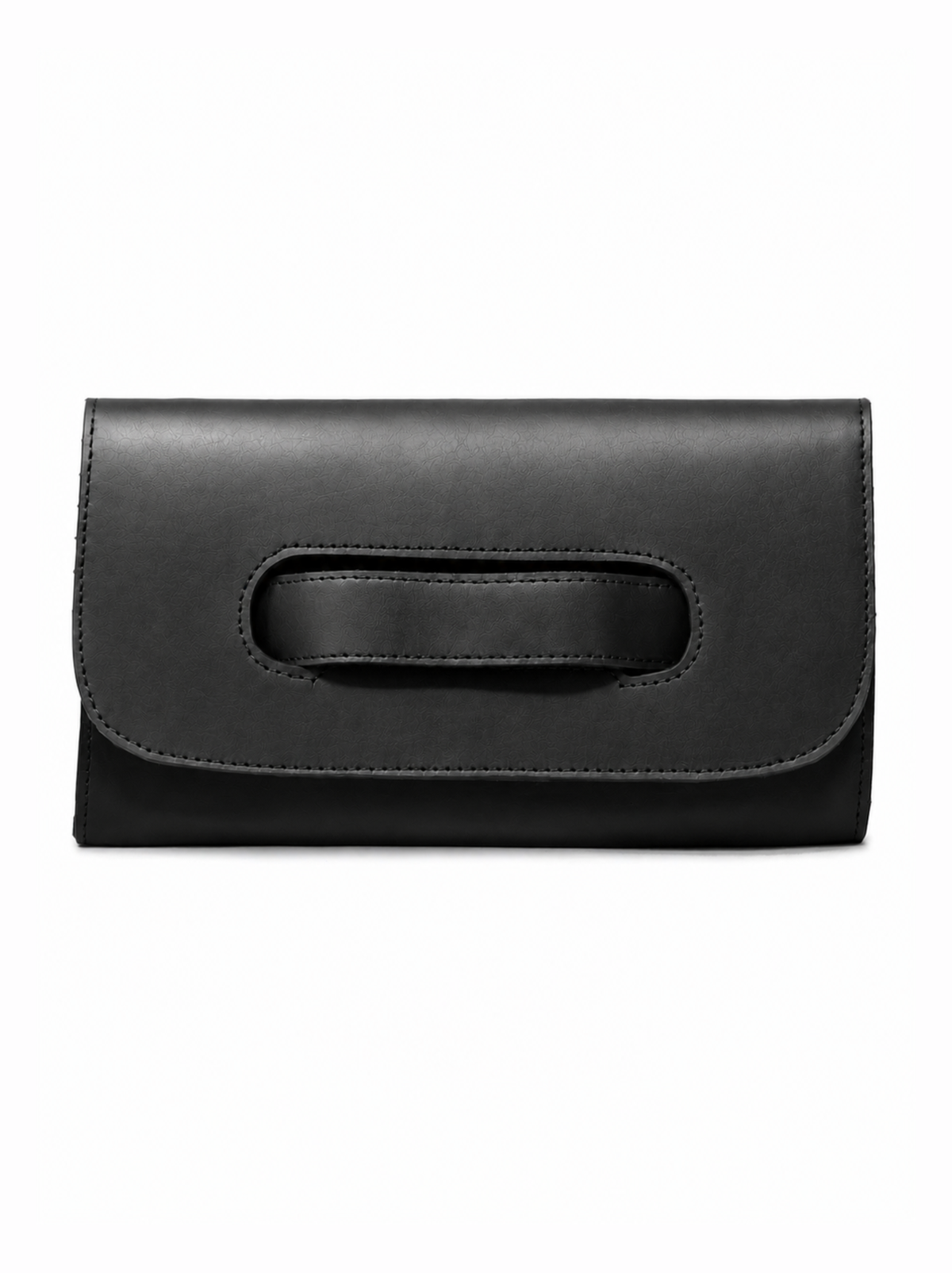 A black leather clutch bag with a unique cutout handle detail on the front flap, shown against a plain white background. #Color_Black