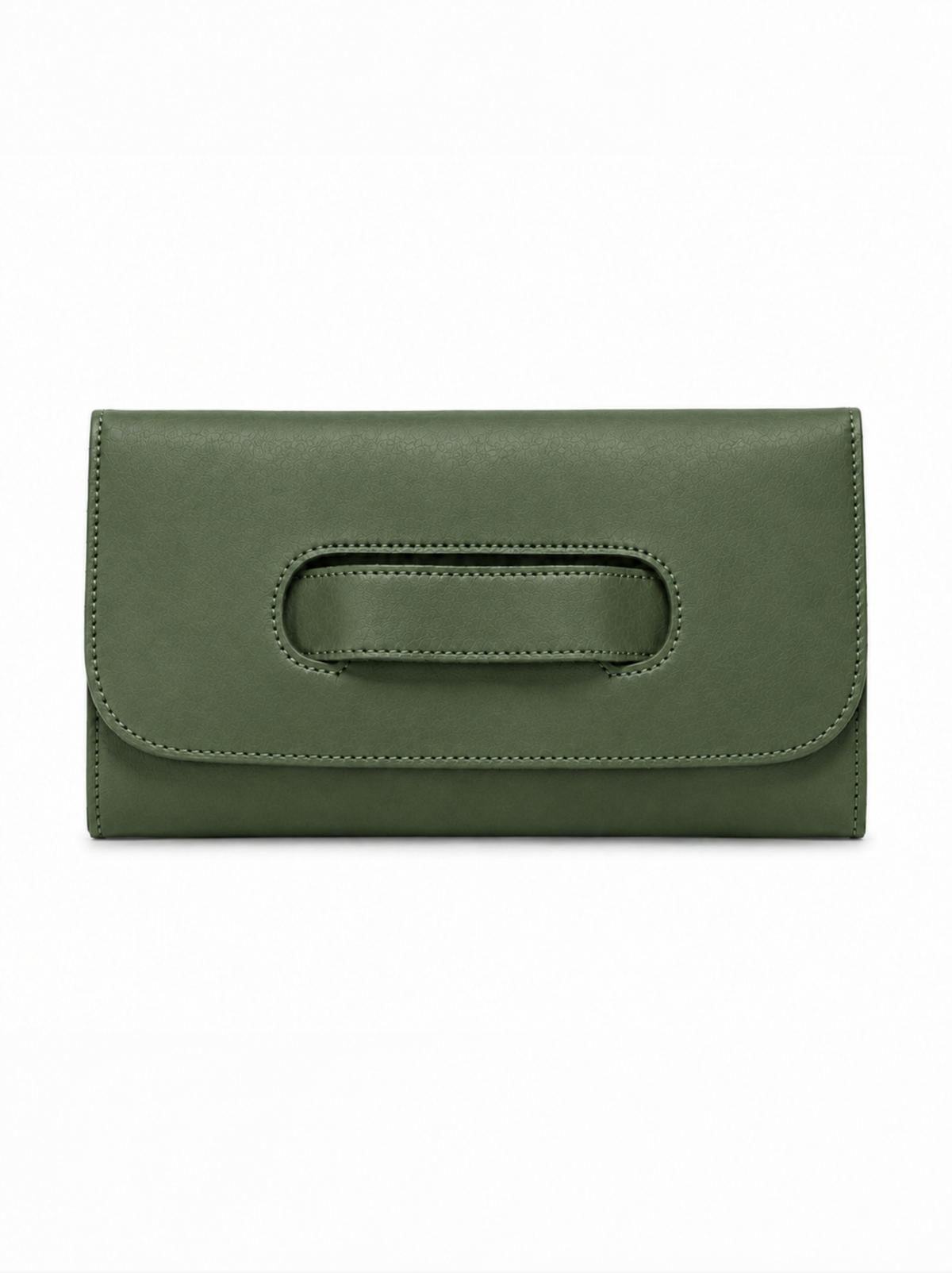 A moss green leather clutch bag with a central handle cutout, shown flat against a plain white background. #Color_Moss