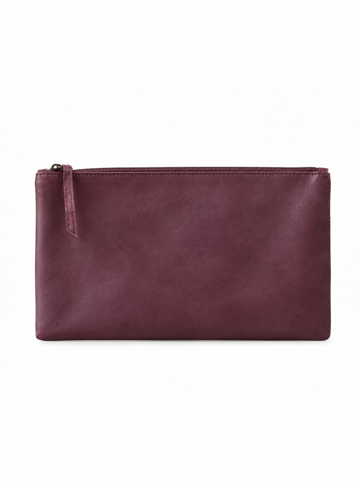 A rectangular leather pouch in a deep burgundy color, featuring a top zipper closure and a small leather pull tab, set against a plain white background. #Color_Wine